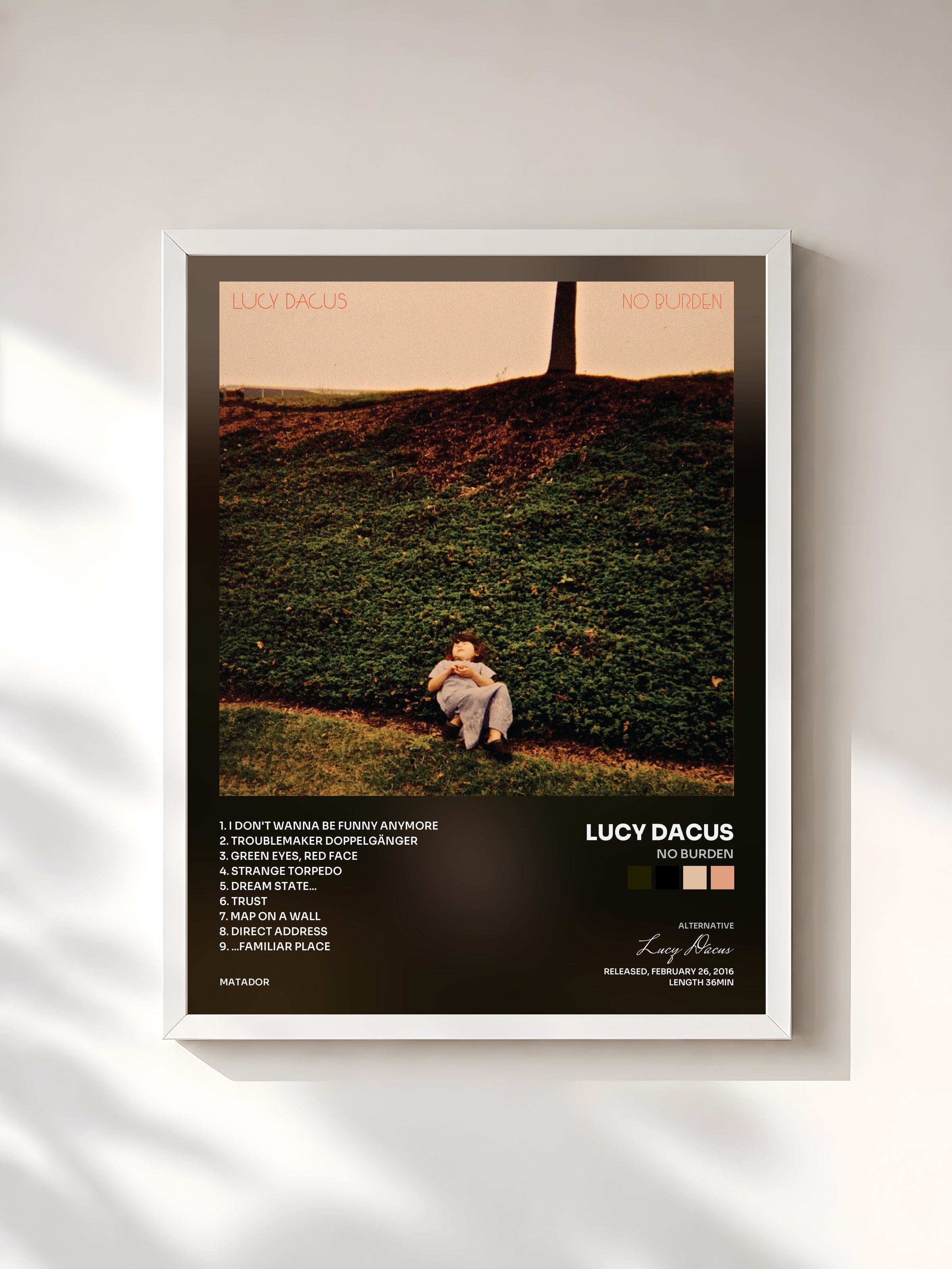 #blanc Tableau de l'album No Burden de Lucy Dacus, cadre blanc, imprimé et encadré en France
