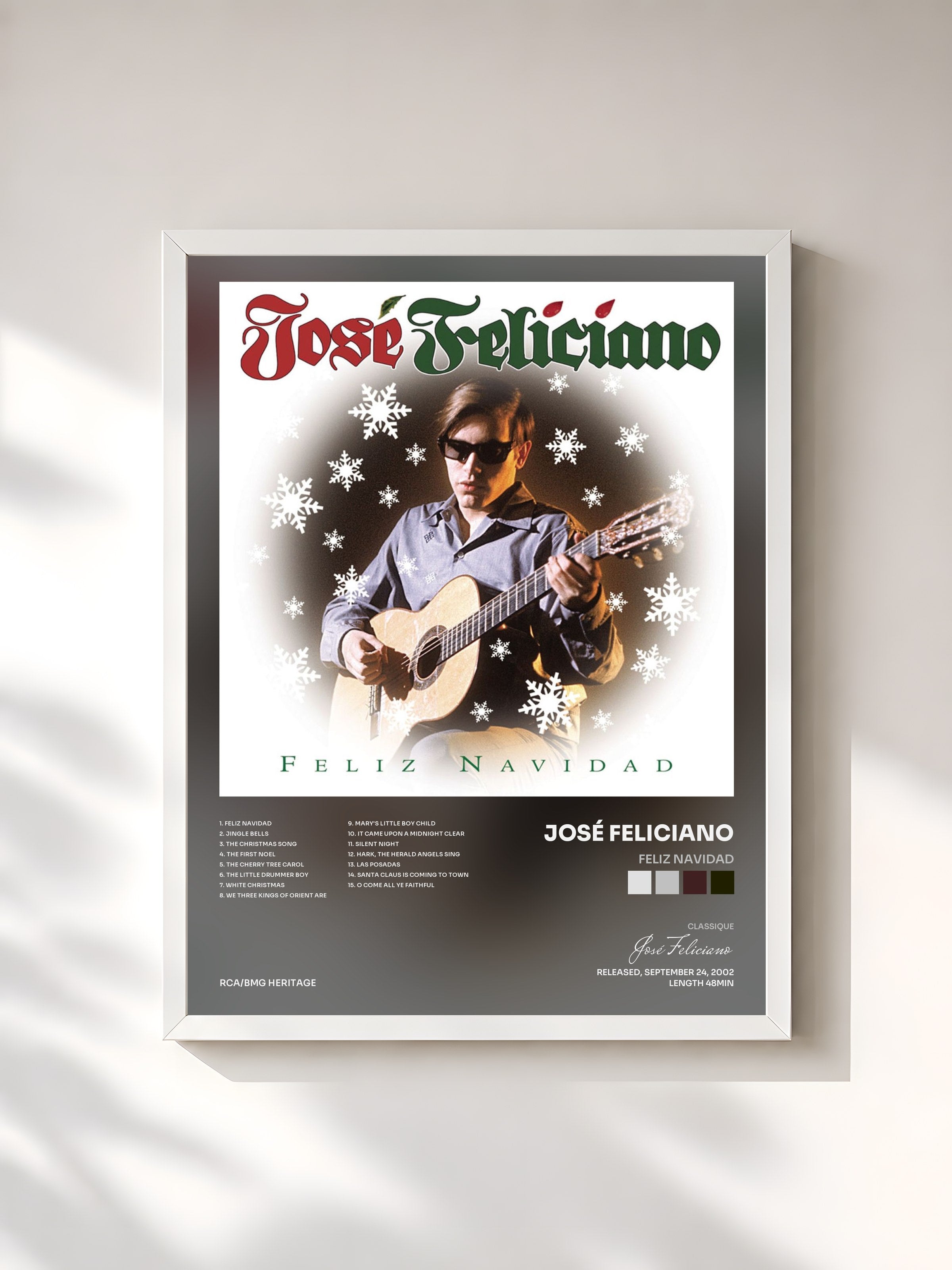 #blanc Tableau de l'album Feliz Navidad de José Feliciano, cadre blanc, imprimé et encadré en France
