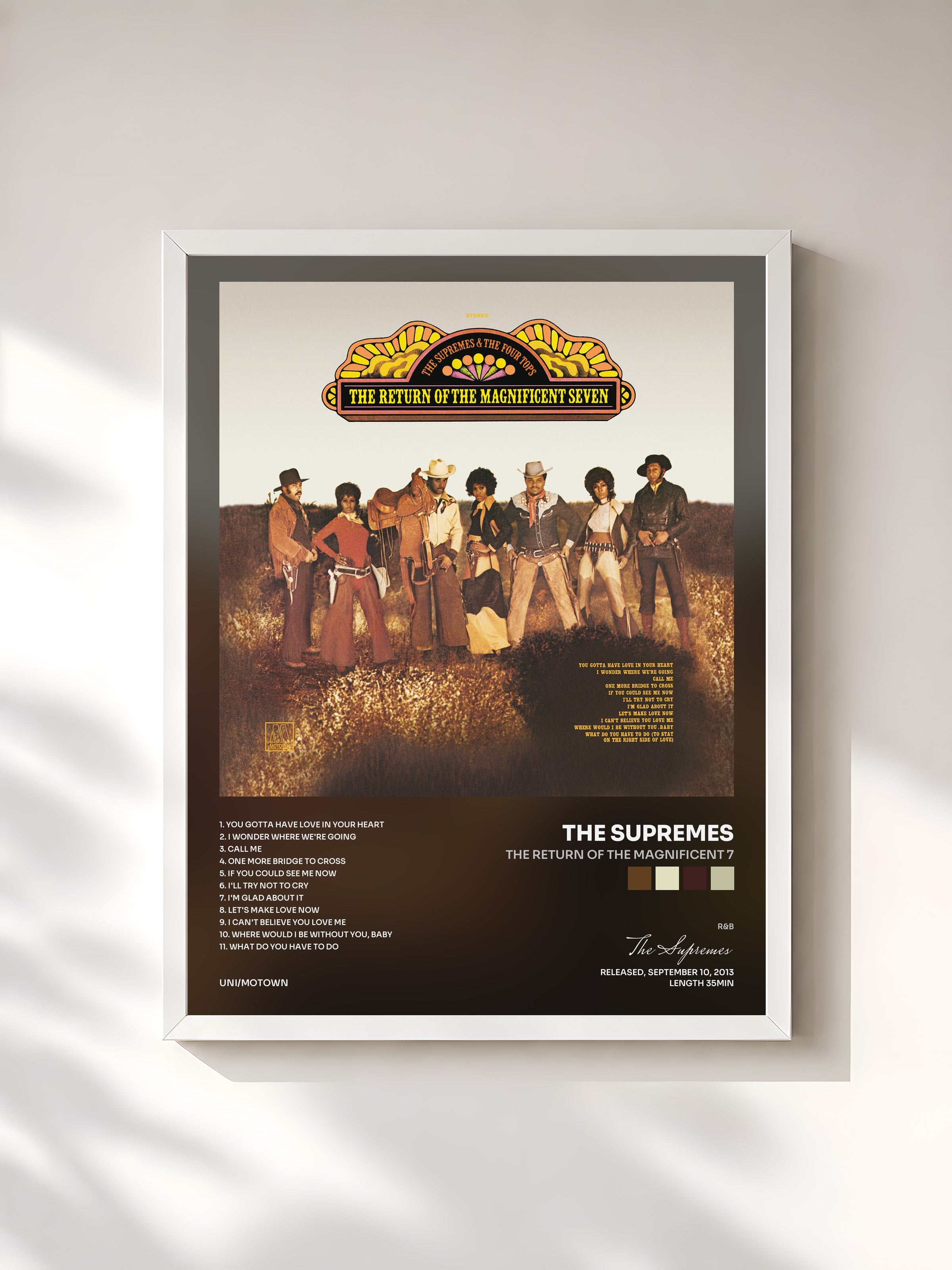 #blanc Tableau de l'album The Return Of The Magnificent 7 de The Supremes, cadre blanc, imprimé et encadré en France
