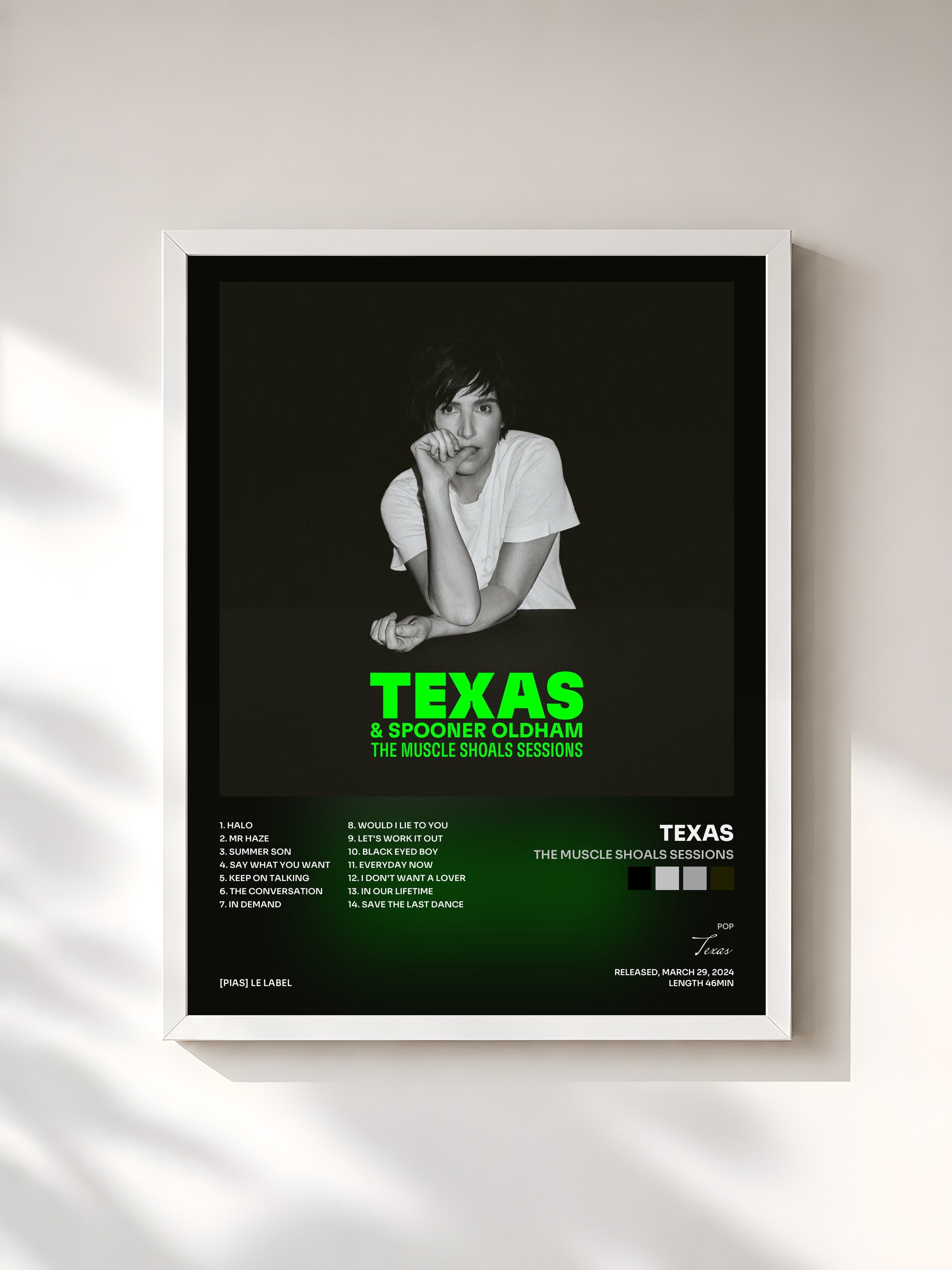 #blanc Tableau de l'album The Muscle Shoals Sessions de Texas, cadre blanc, imprimé et encadré en France