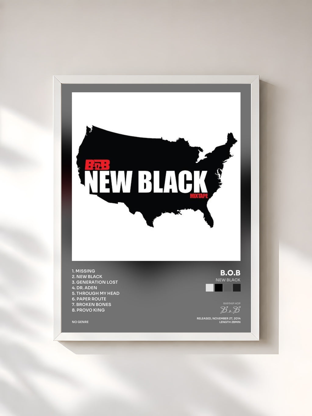 #blanc Tableau de l'album New Black de B.o.B, cadre blanc, imprimé et encadré en France