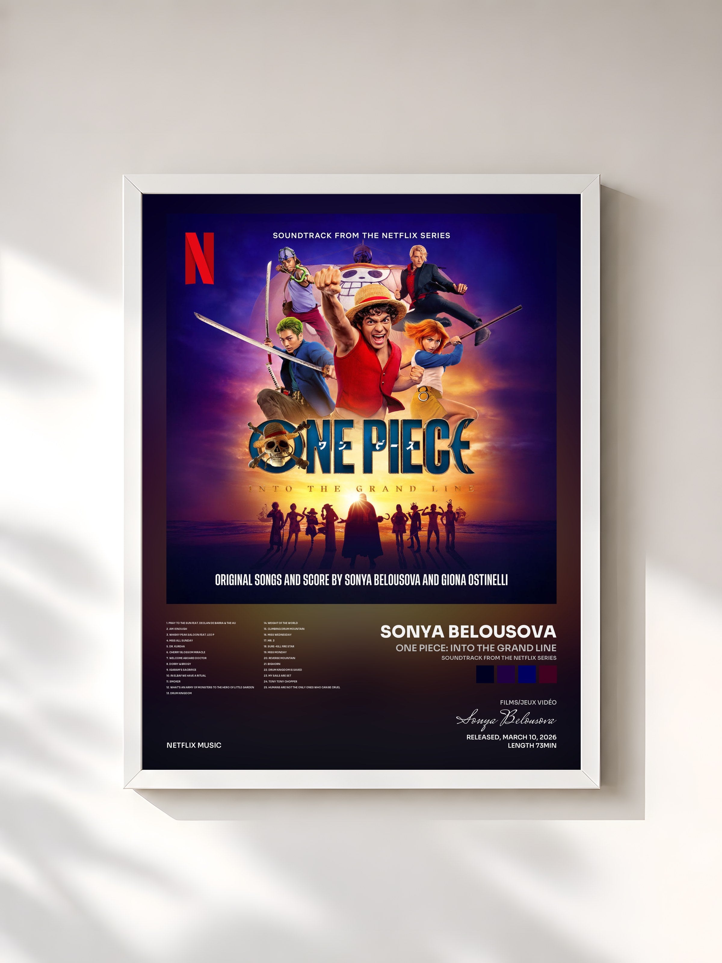 #blanc Tableau de l'album One Piece: Into the Grand Line (Soundtrack from the Netflix Series) de Sonya Belousova, cadre blanc, imprimé et encadré en France