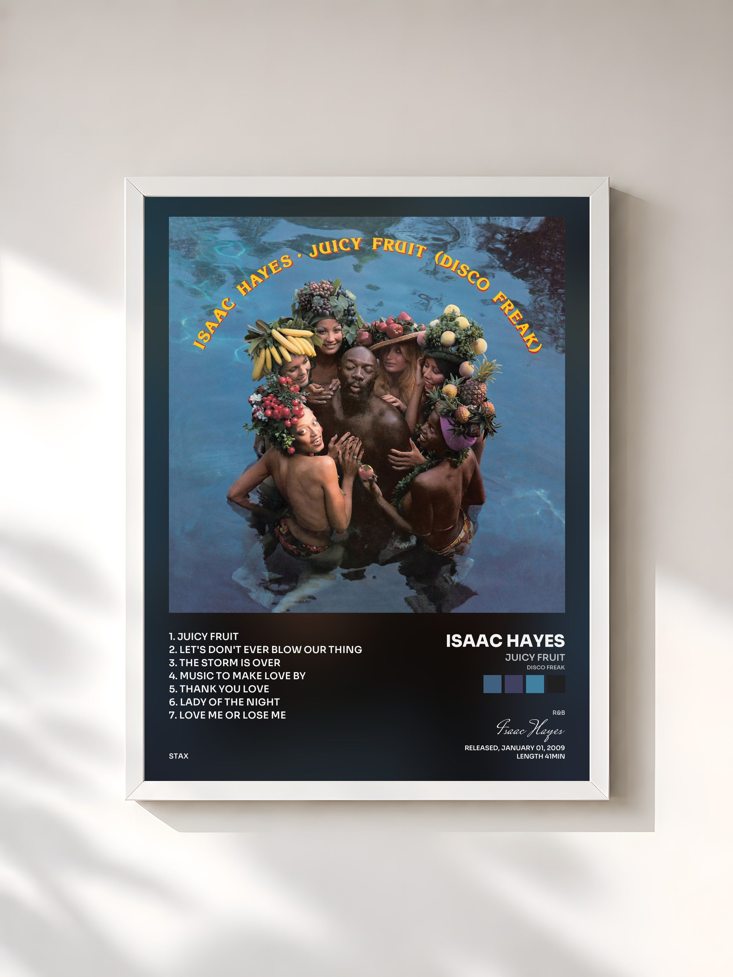 #blanc Tableau de l'album Juicy Fruit (Disco Freak) de Isaac Hayes, cadre blanc, imprimé et encadré en France