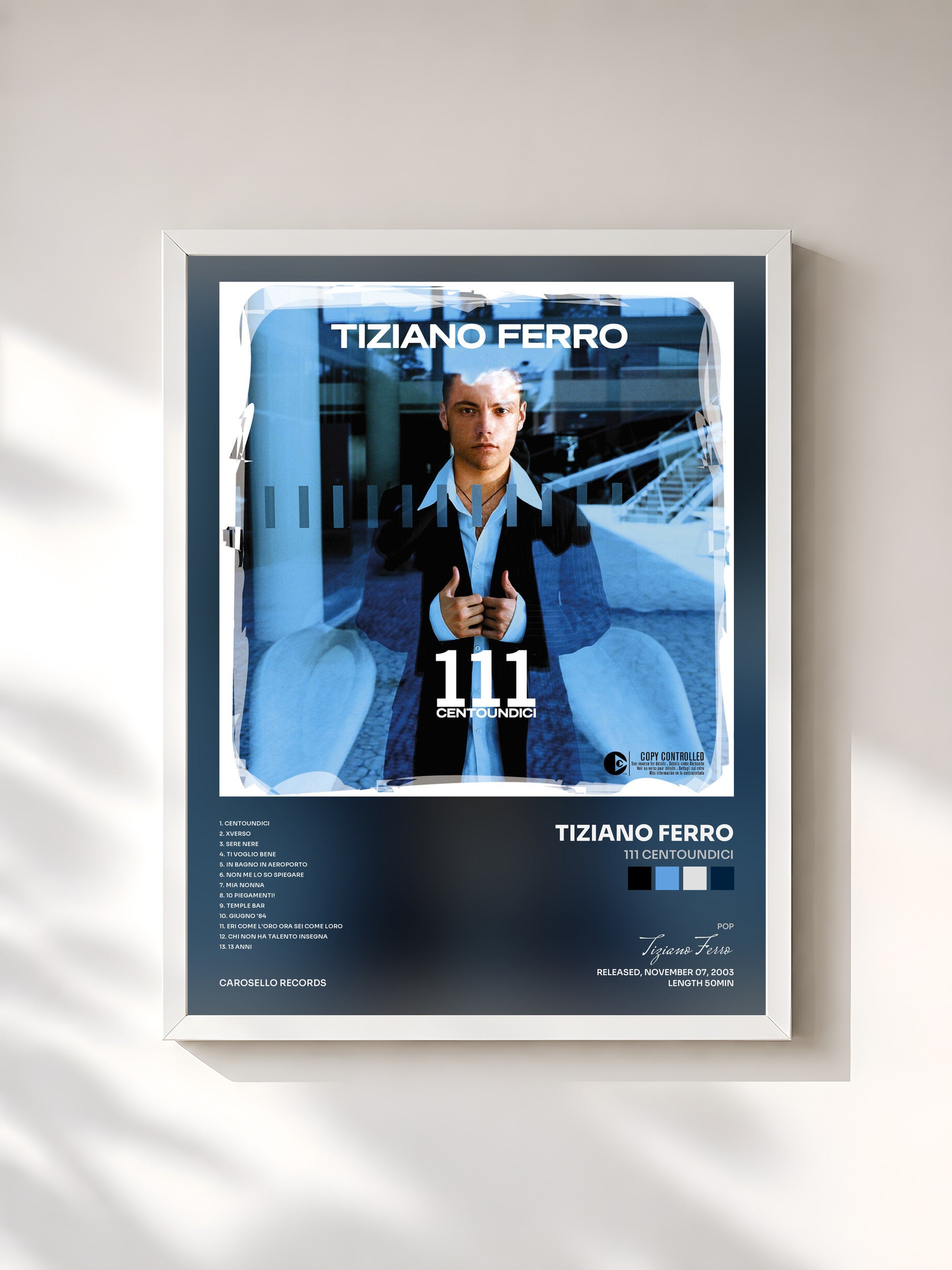 #blanc Tableau de l'album 111 Centoundici de Tiziano Ferro, cadre blanc, imprimé et encadré en France