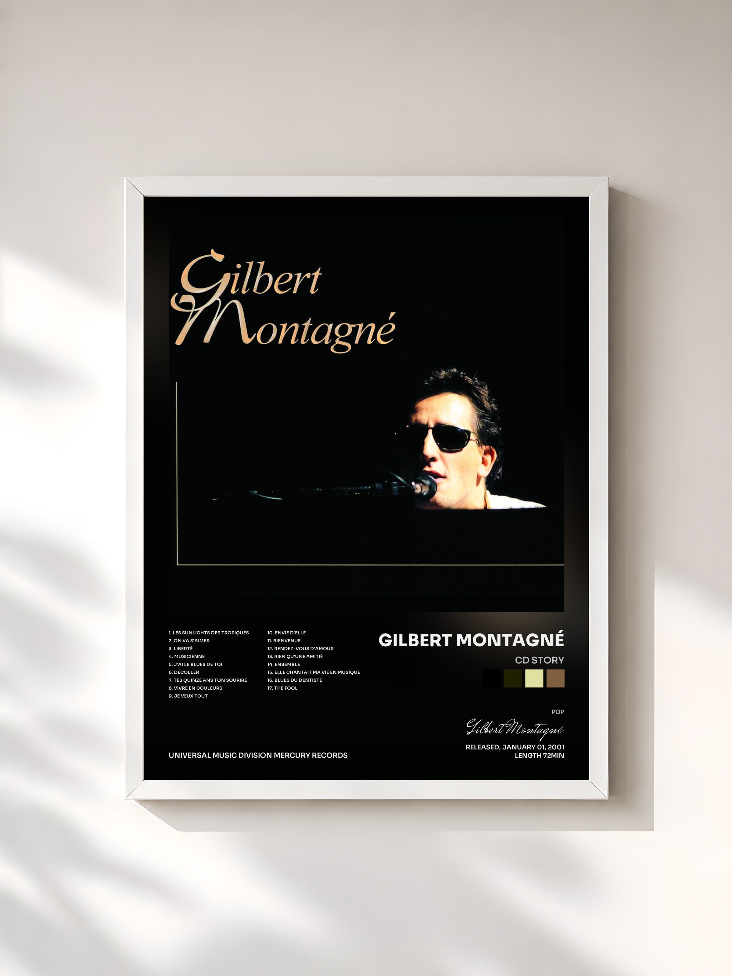 #blanc Tableau de l'album CD STory de Gilbert Montagné, cadre blanc, imprimé et encadré en France