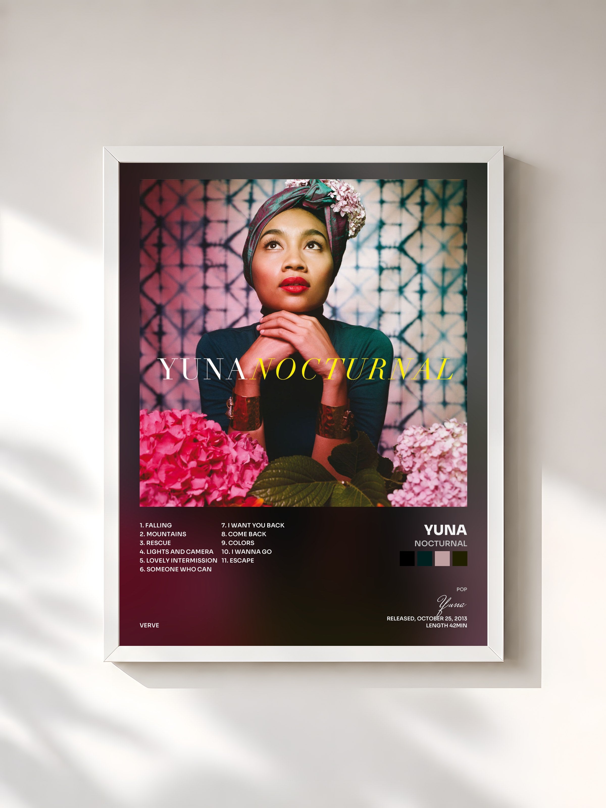 #blanc Tableau de l'album Nocturnal de Yuna, cadre blanc, imprimé et encadré en France