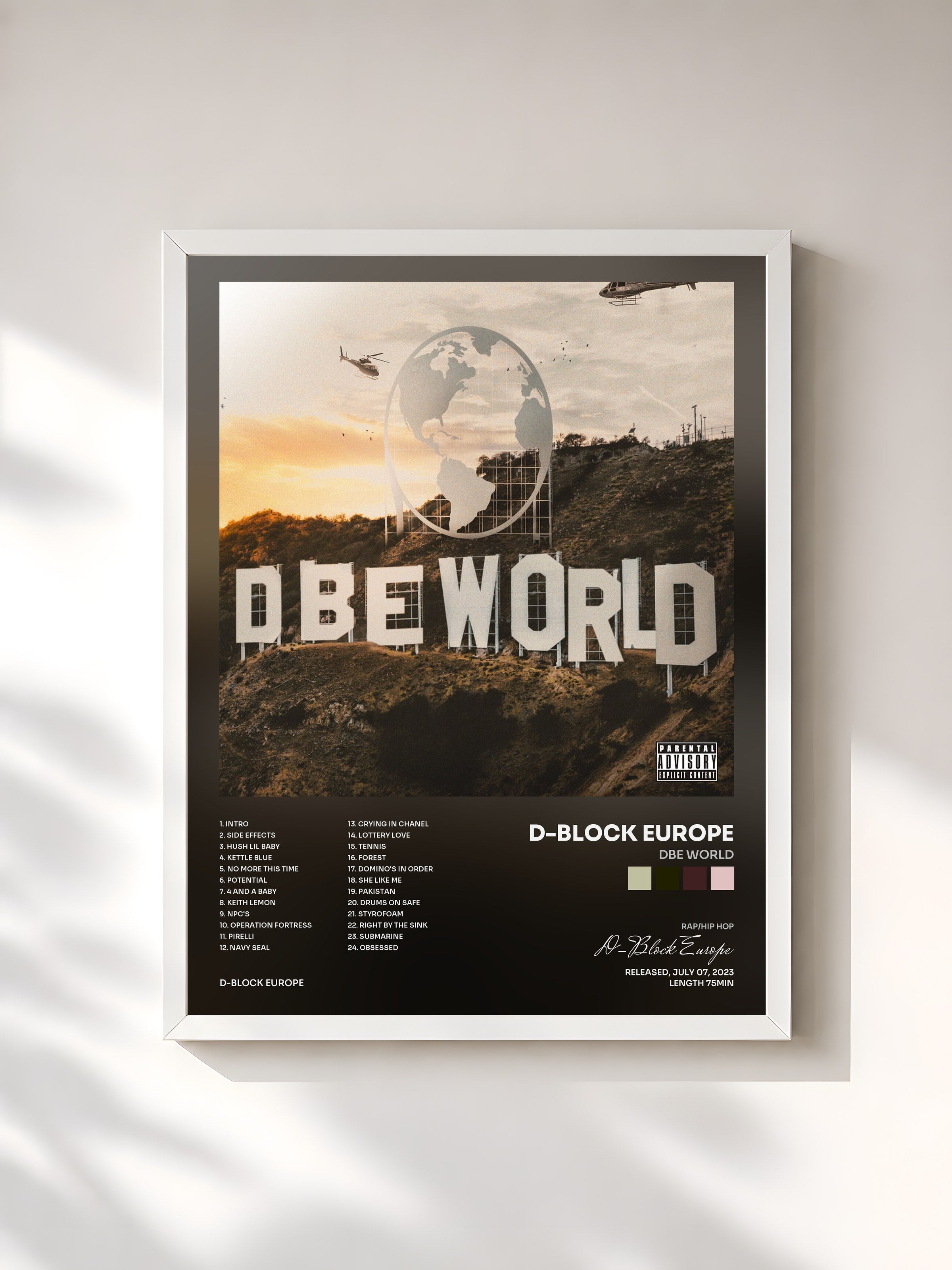 #blanc Tableau de l'album DBE World de D-Block Europe, cadre blanc, imprimé et encadré en France