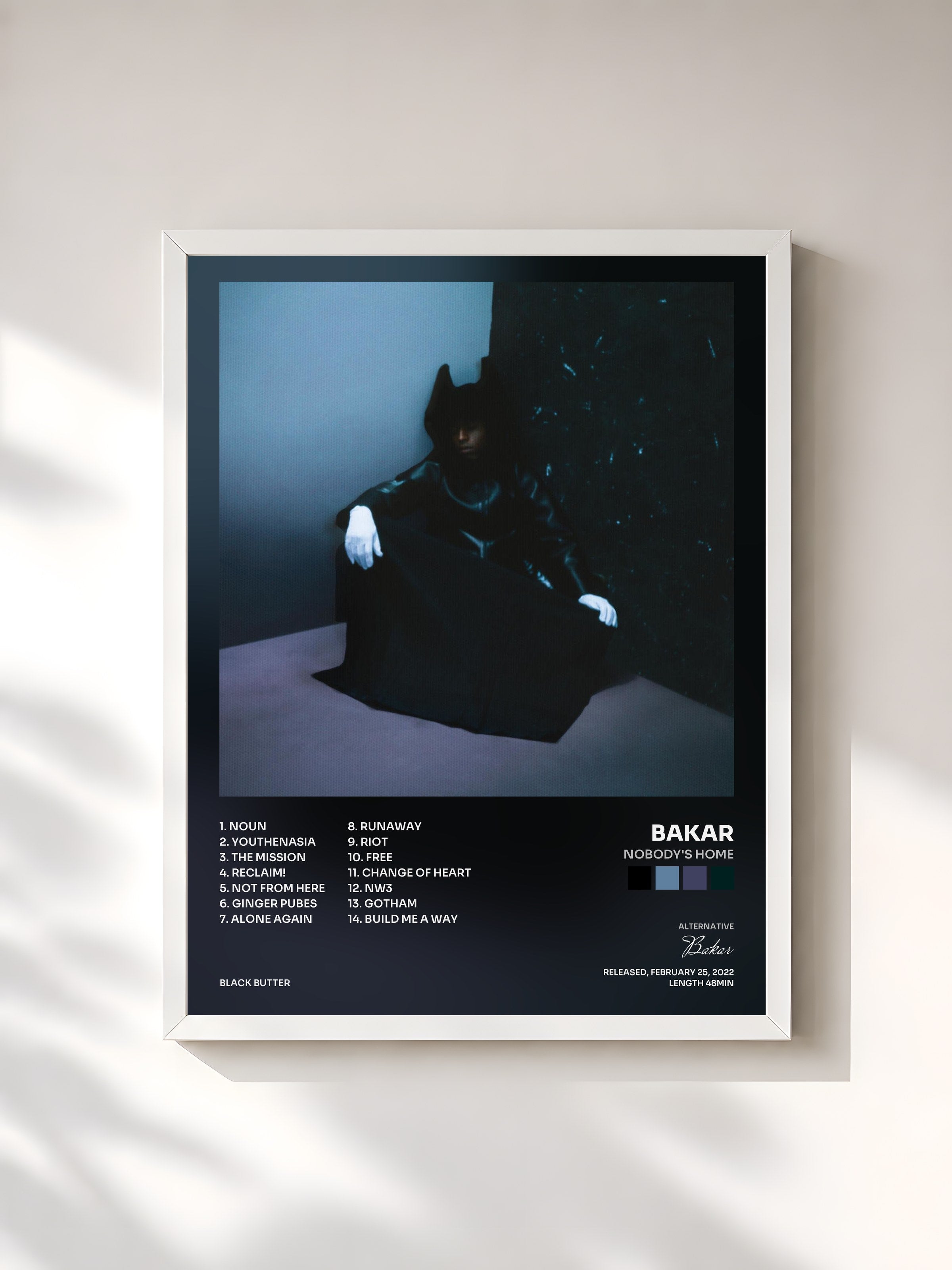 #blanc Tableau de l'album Nobody's Home de Bakar, cadre blanc, imprimé et encadré en France