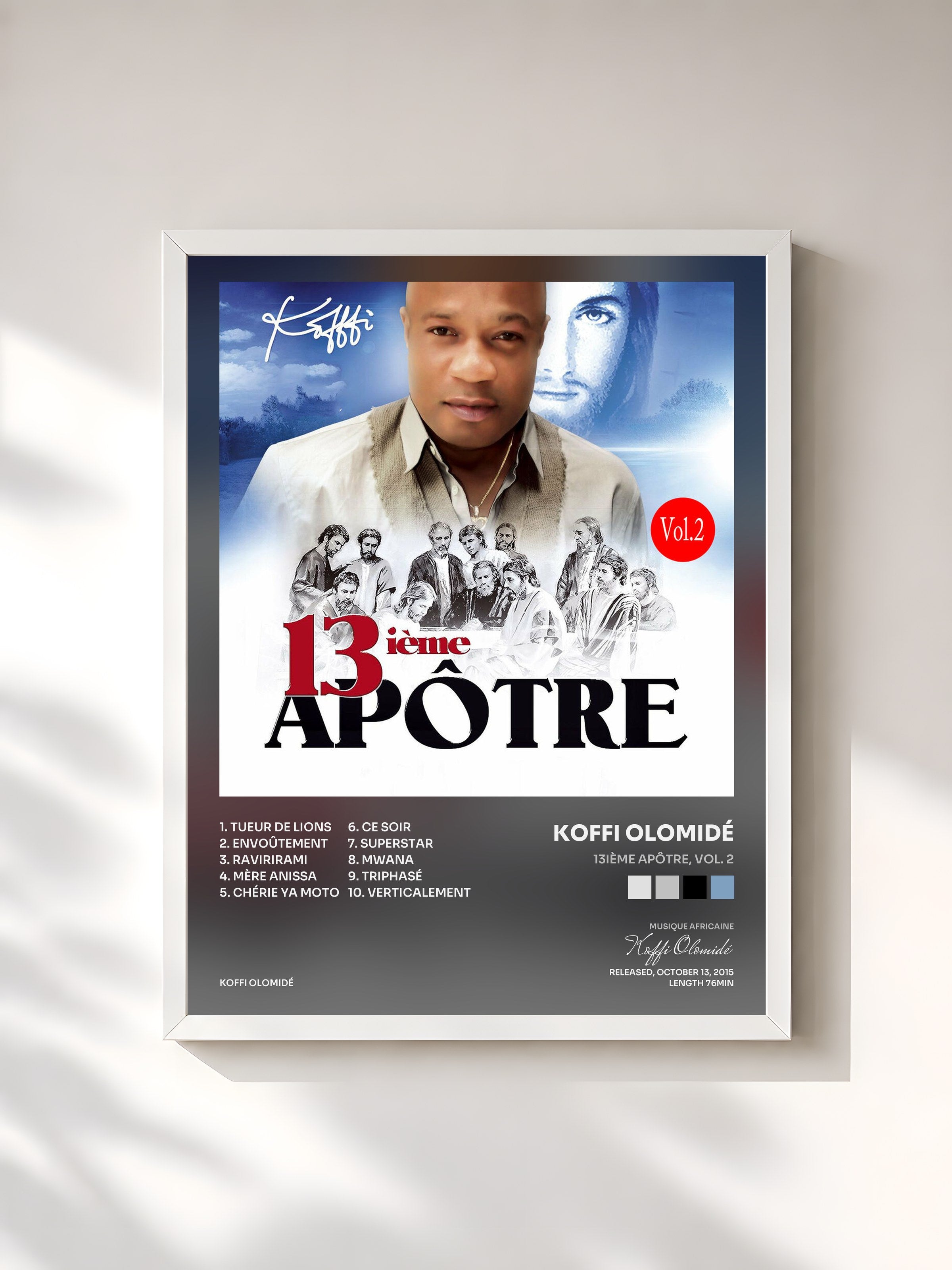 #blanc Tableau de l'album 13ième apôtre, Vol. 2 de Koffi Olomidé, cadre blanc, imprimé et encadré en France