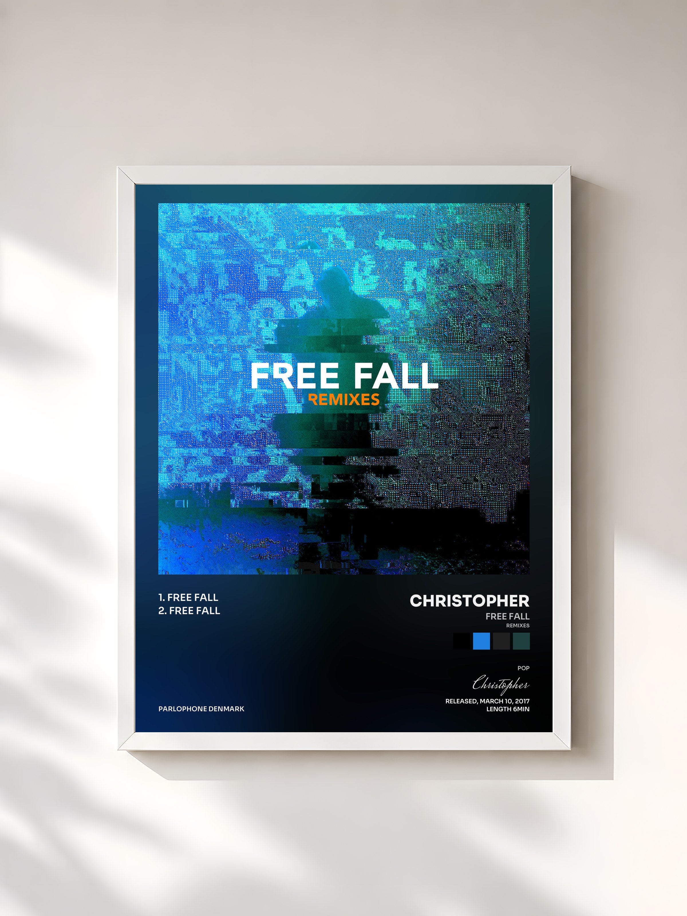 #blanc Tableau de l'album Free Fall (Remixes) de Christopher, cadre blanc, imprimé et encadré en France