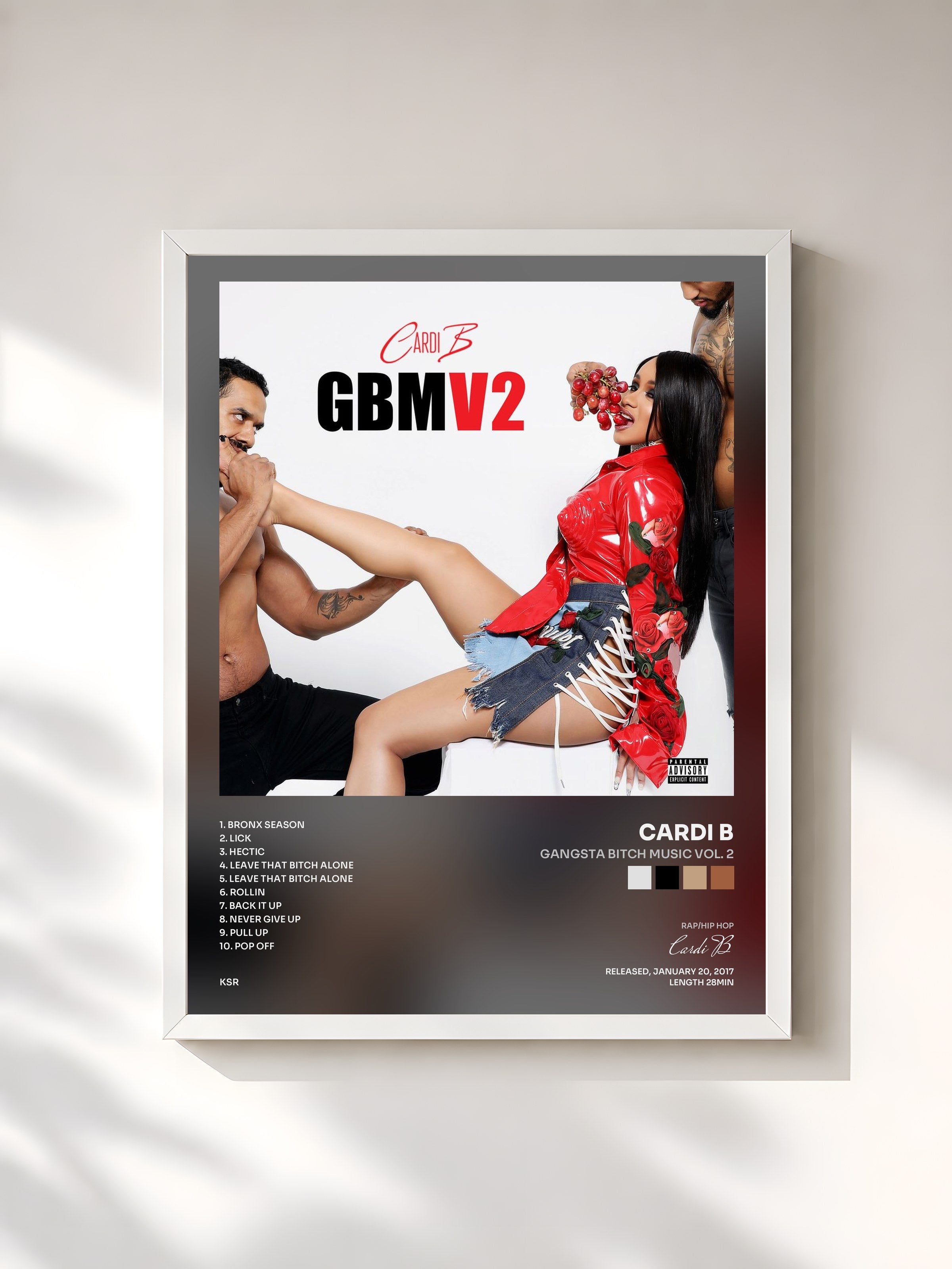 #blanc Tableau de l'album Gangsta Bitch Music Vol. 2 de Cardi B, cadre blanc, imprimé et encadré en France