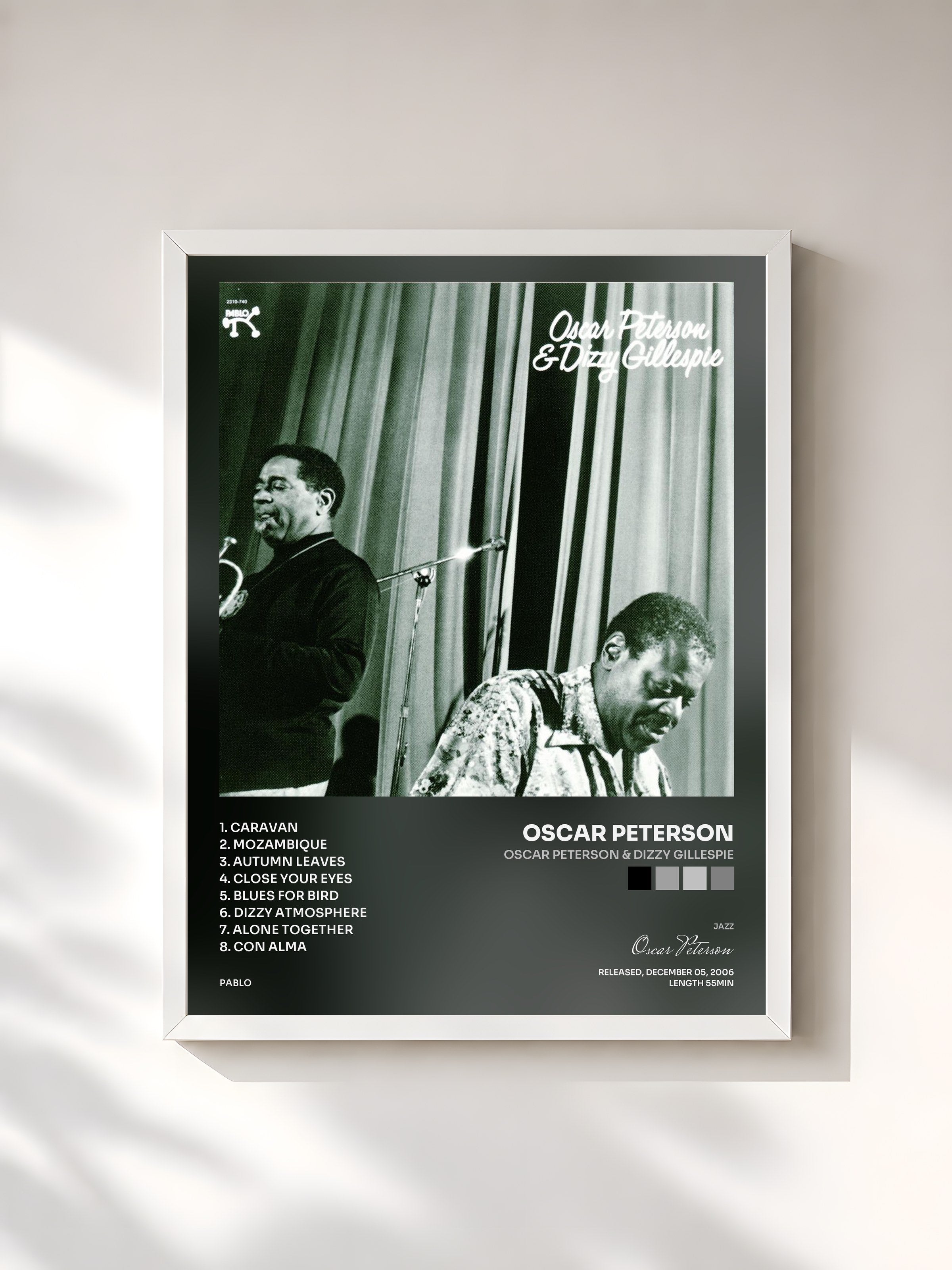 #blanc Tableau de l'album Oscar Peterson & Dizzy Gillespie de Oscar Peterson, cadre blanc, imprimé et encadré en France