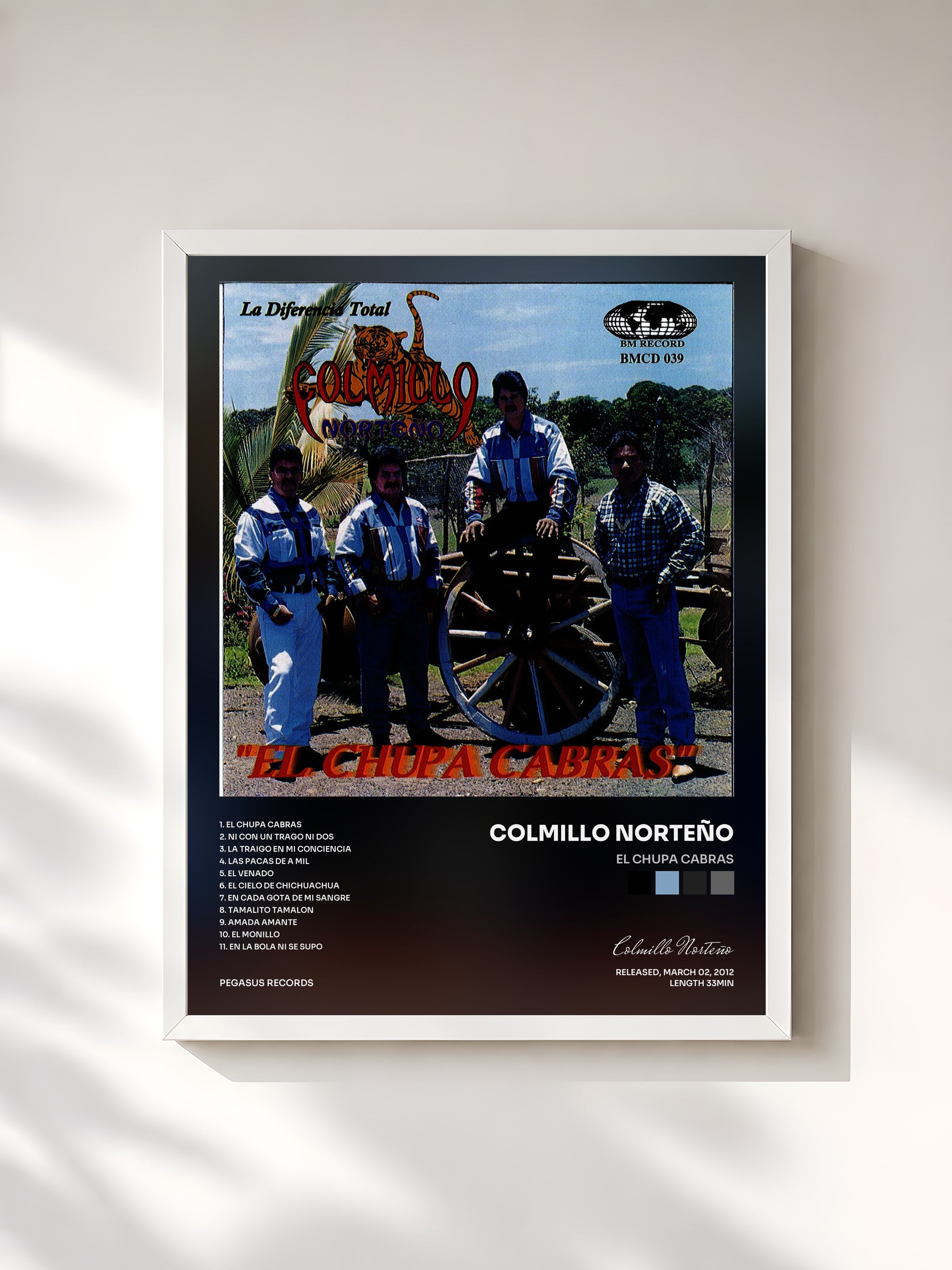 #blanc Tableau de l'album El Chupa Cabras de Colmillo Norteño, cadre blanc, imprimé et encadré en France