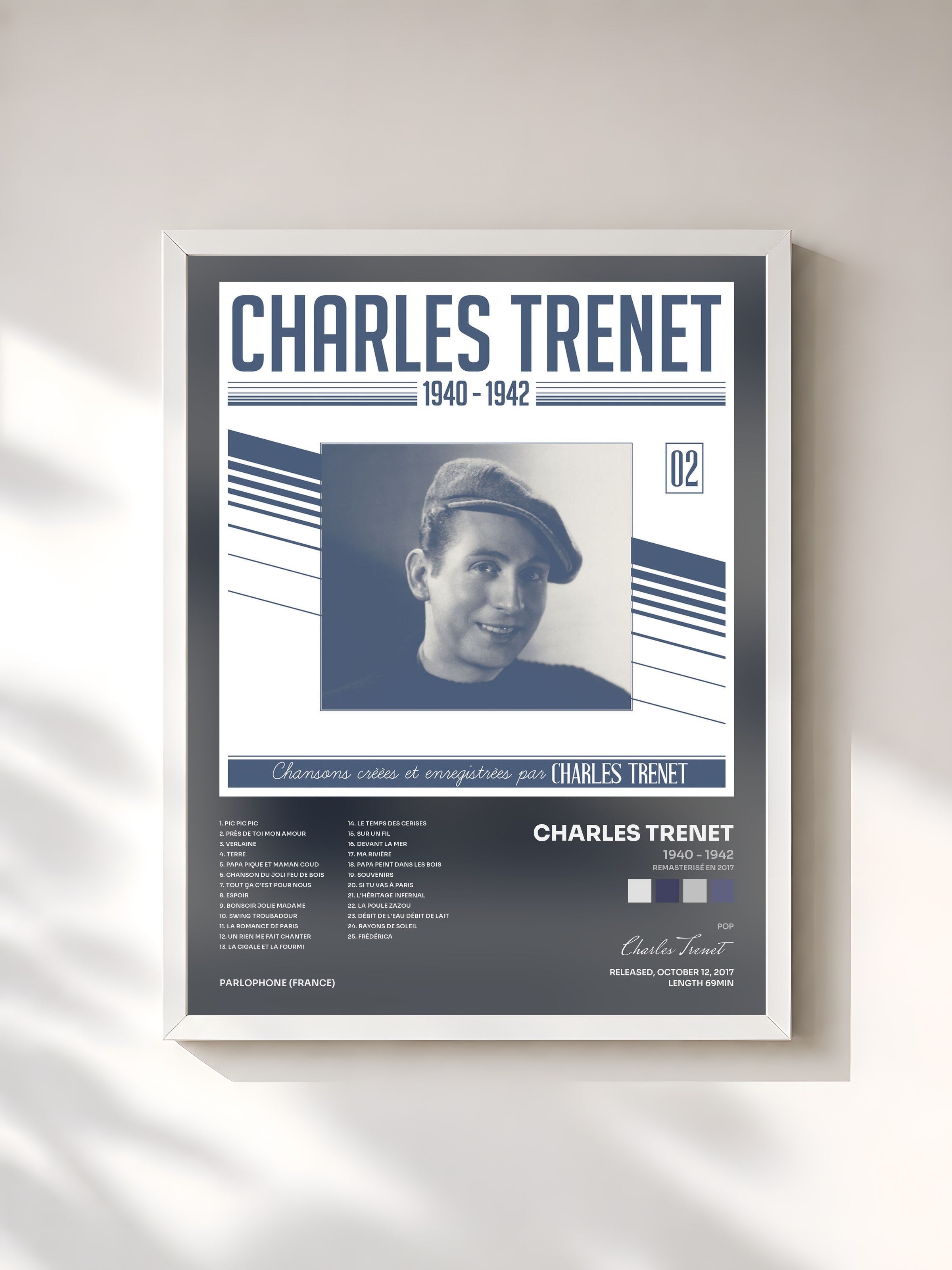 #blanc Tableau de l'album 1940 - 1942 (Remasterisé en 2017) de Charles Trenet, cadre blanc, imprimé et encadré en France