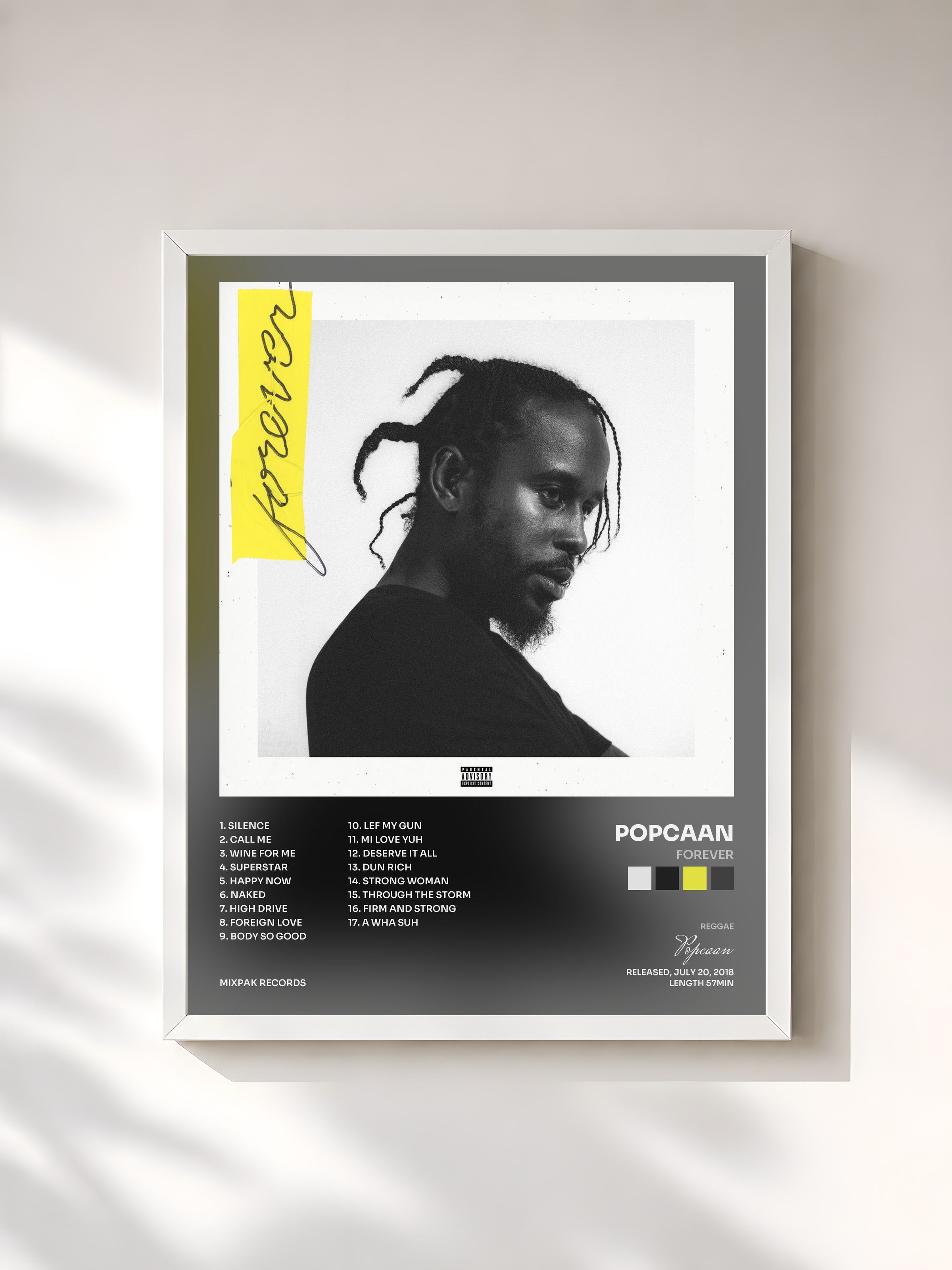 #blanc Tableau de l'album Forever de Popcaan, cadre blanc, imprimé et encadré en France