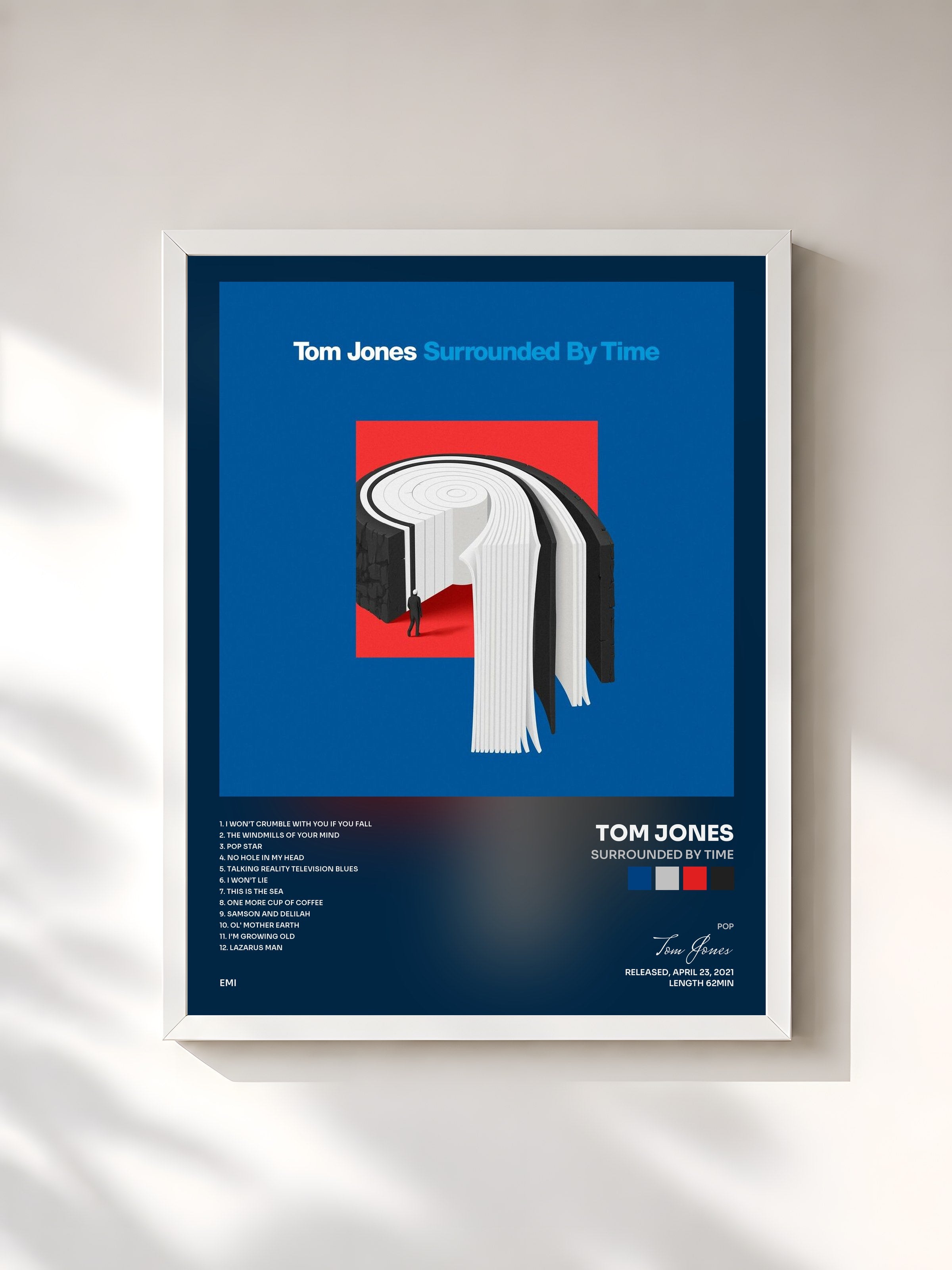 #blanc Tableau de l'album Surrounded By Time de Tom Jones, cadre blanc, imprimé et encadré en France