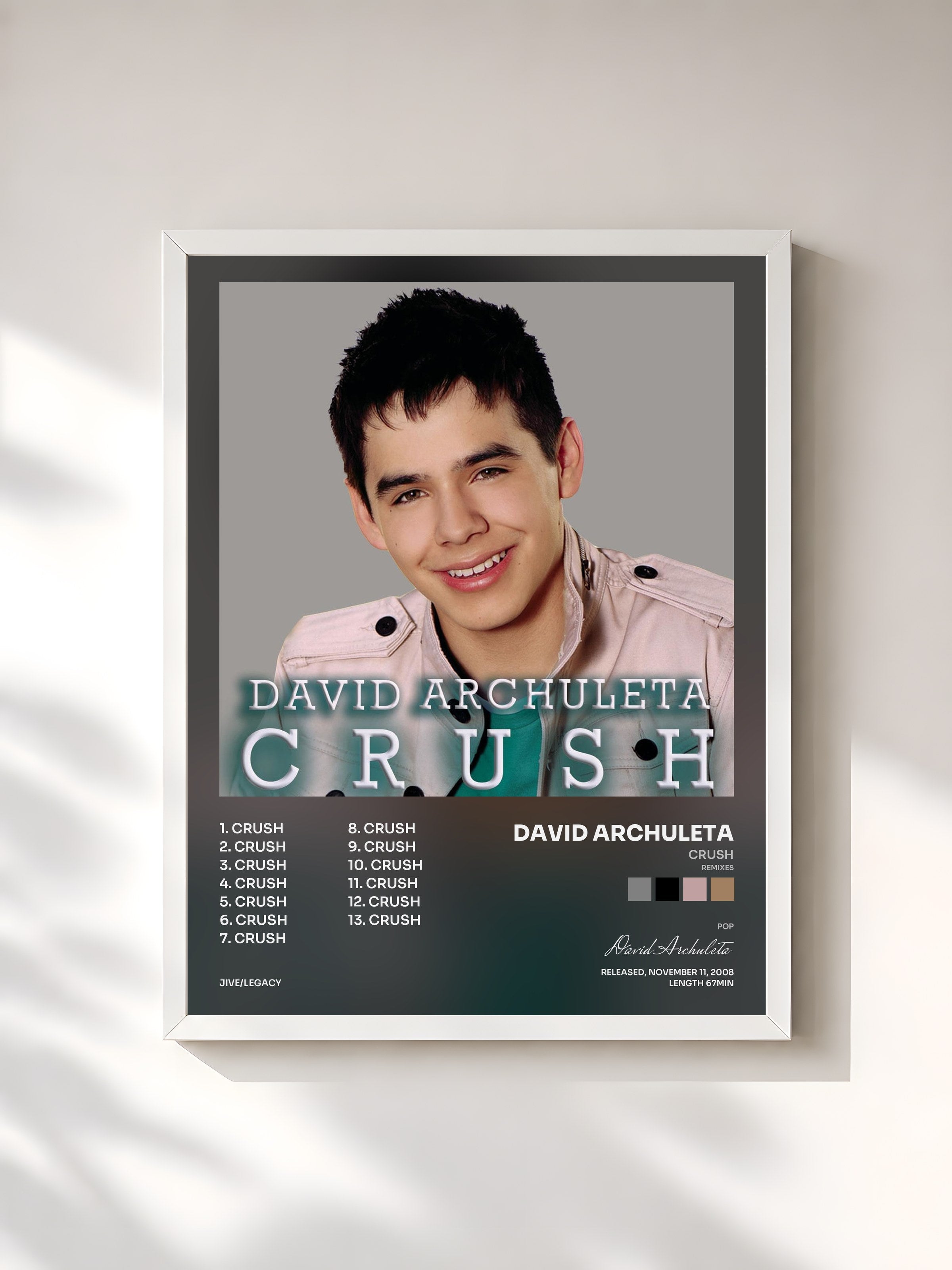 #blanc Tableau de l'album Crush (Remixes) de David Archuleta, cadre blanc, imprimé et encadré en France