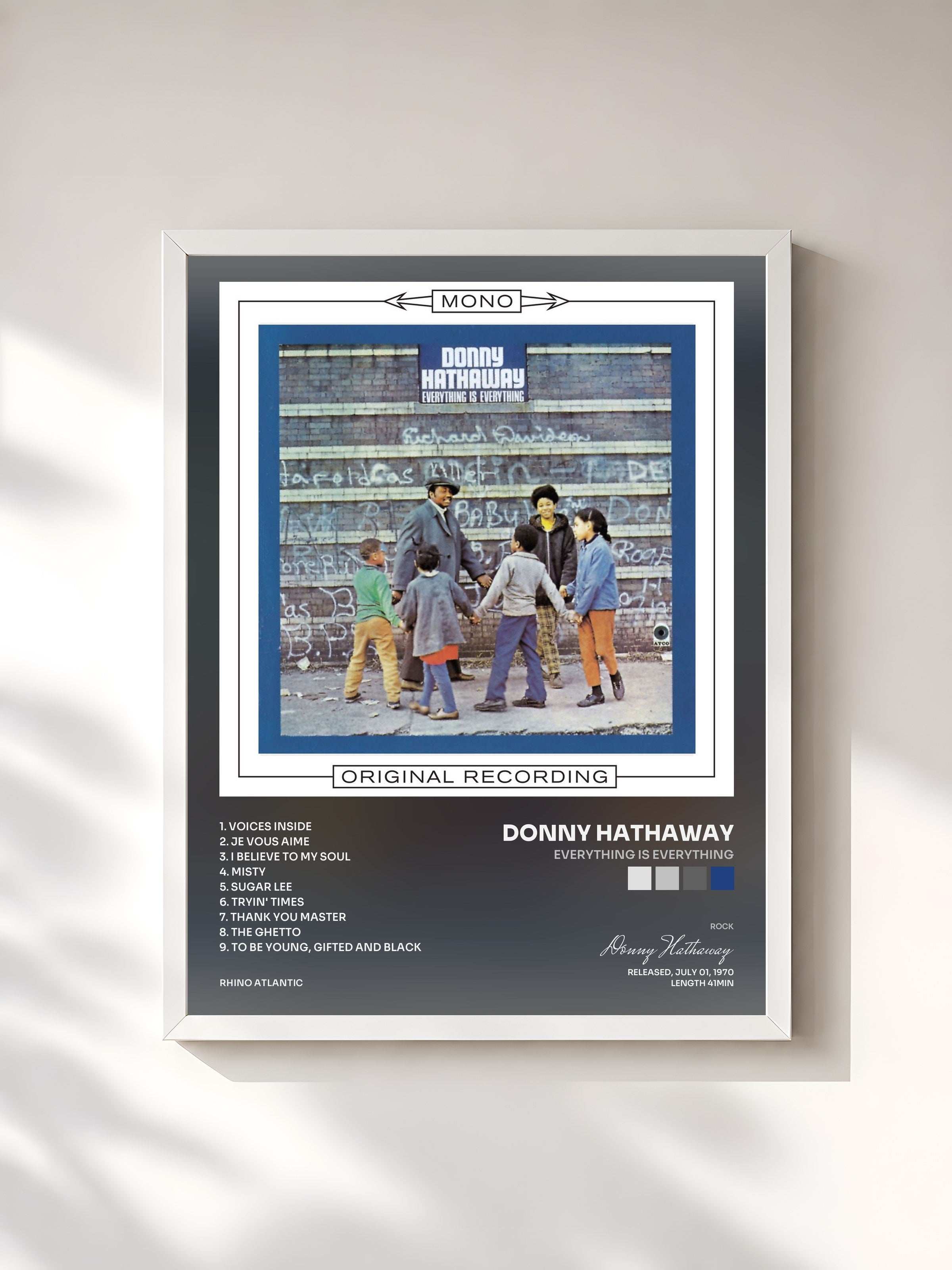 #blanc Tableau de l'album Everything Is Everything de Donny Hathaway, cadre blanc, imprimé et encadré en France
