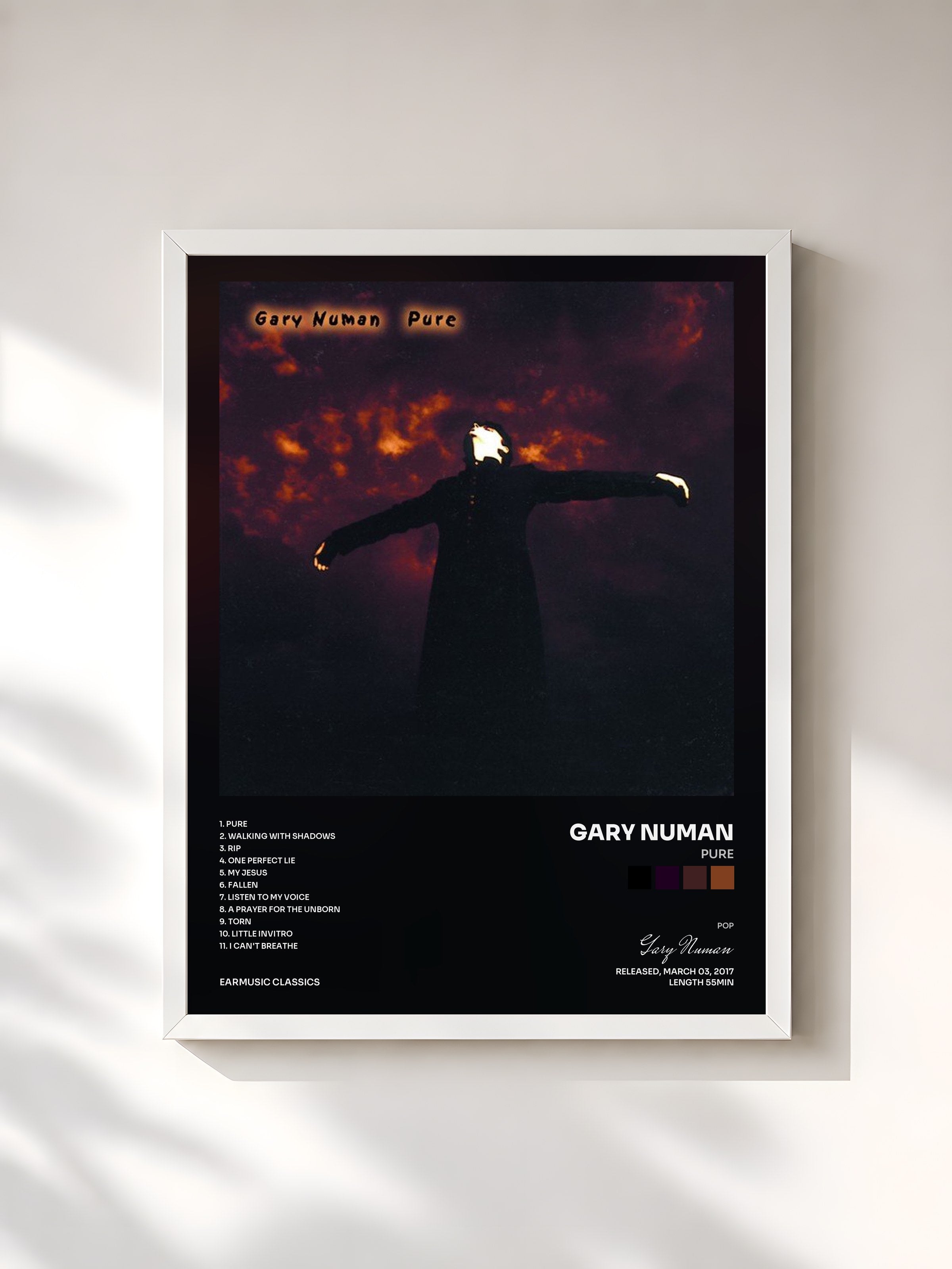 #blanc Tableau de l'album Pure de Gary Numan, cadre blanc, imprimé et encadré en France