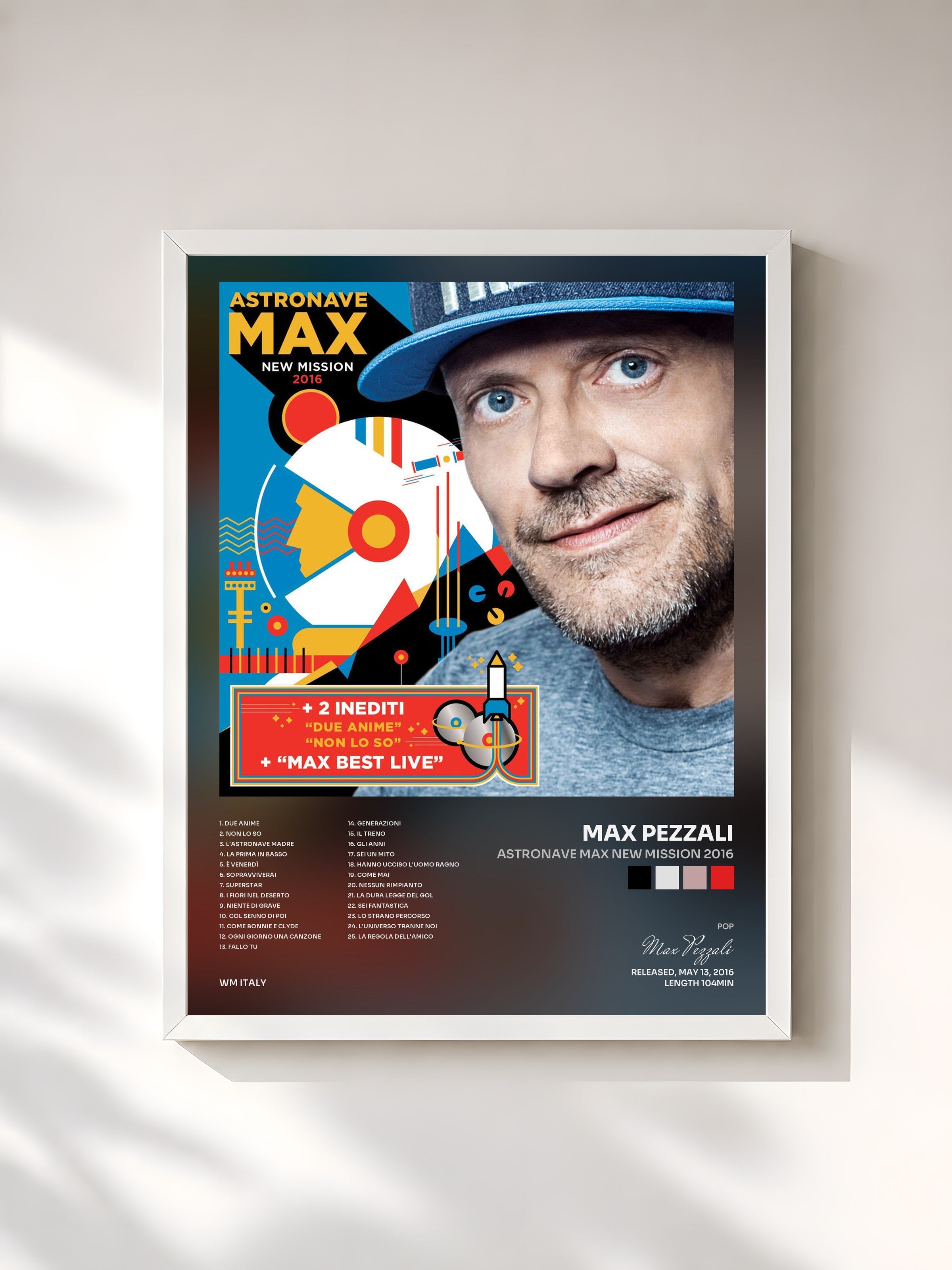 #blanc Tableau de l'album Astronave Max New Mission 2016 de Max Pezzali, cadre blanc, imprimé et encadré en France