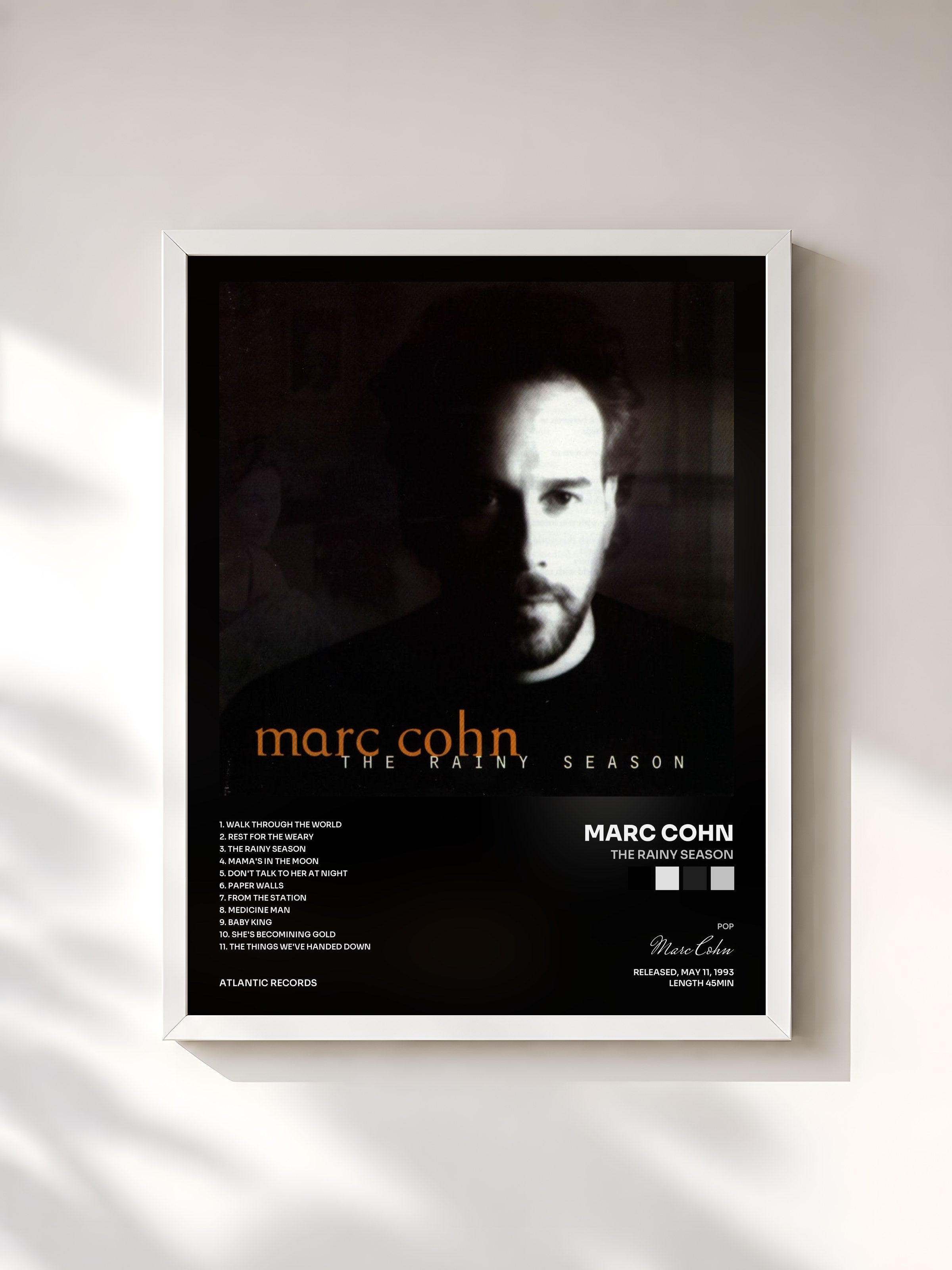 #blanc Tableau de l'album The Rainy Season de Marc Cohn, cadre blanc, imprimé et encadré en France