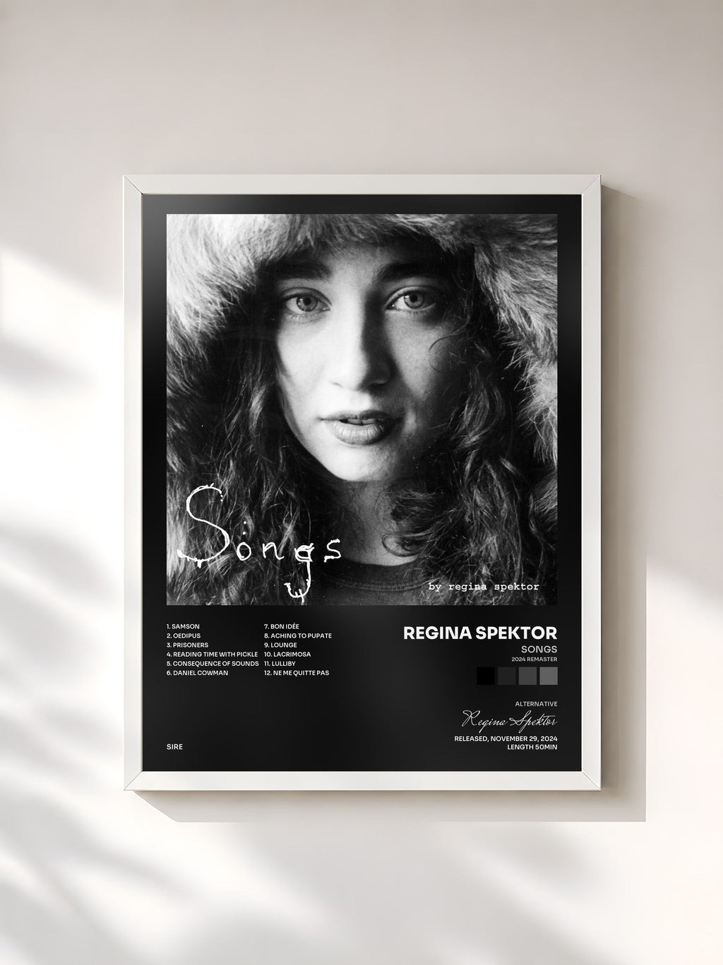 #blanc Tableau de l'album Songs (2024 Remaster) de Regina Spektor, cadre blanc, imprimé et encadré en France