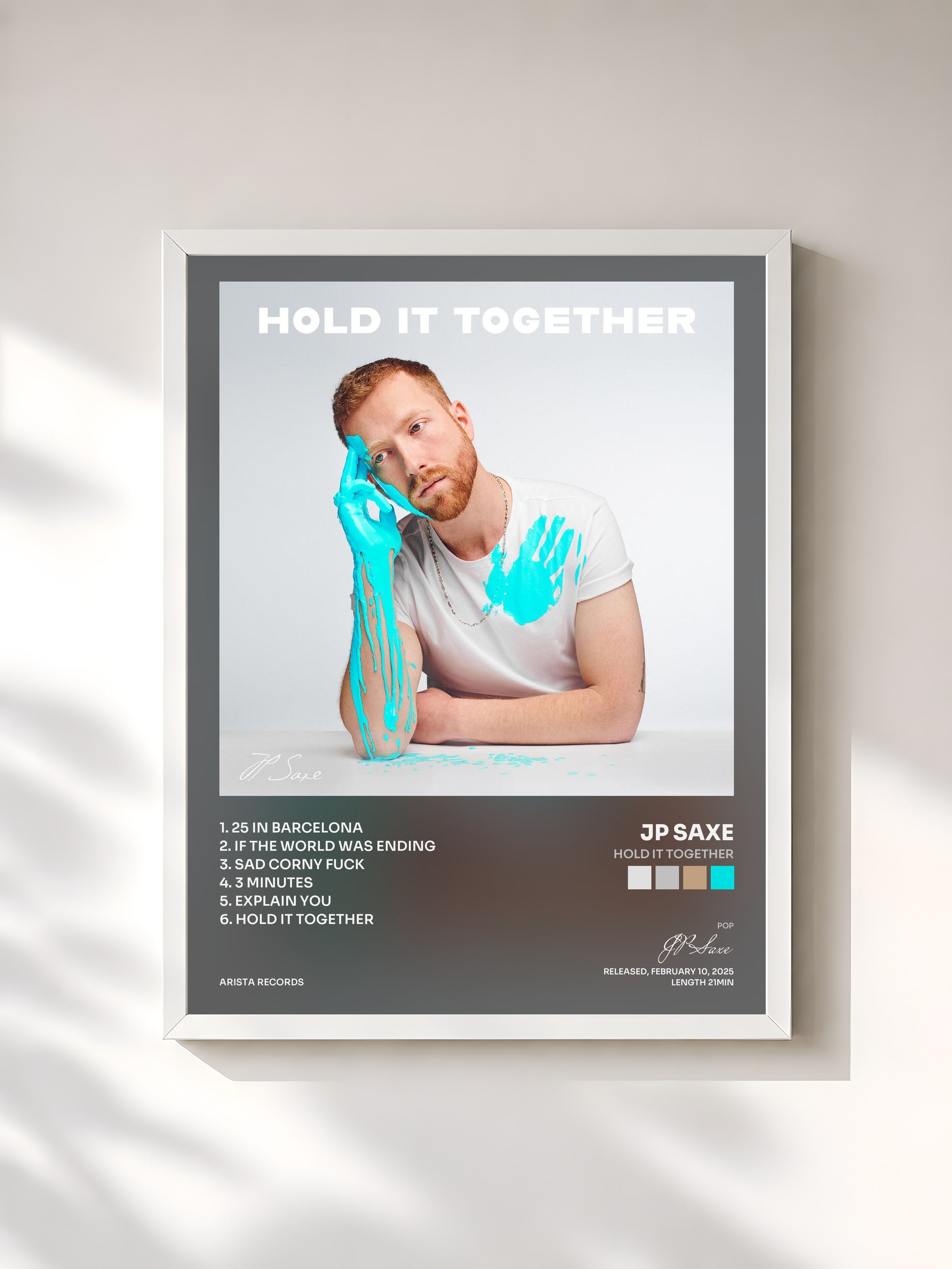 #blanc Tableau de l'album Hold It Together de JP Saxe, cadre blanc, imprimé et encadré en France