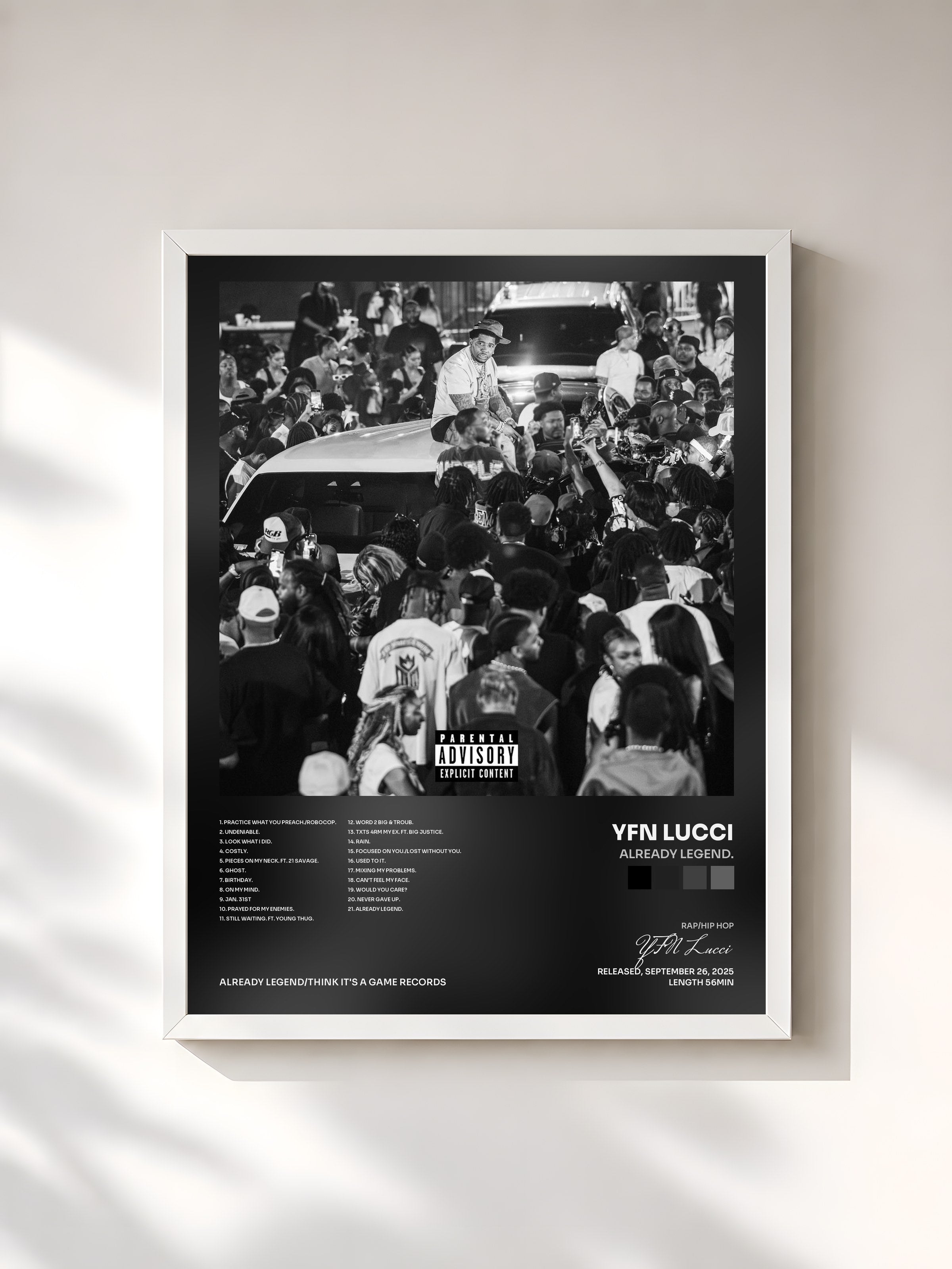 #blanc Tableau de l'album ALREADY LEGEND. de YFN Lucci, cadre blanc, imprimé et encadré en France
