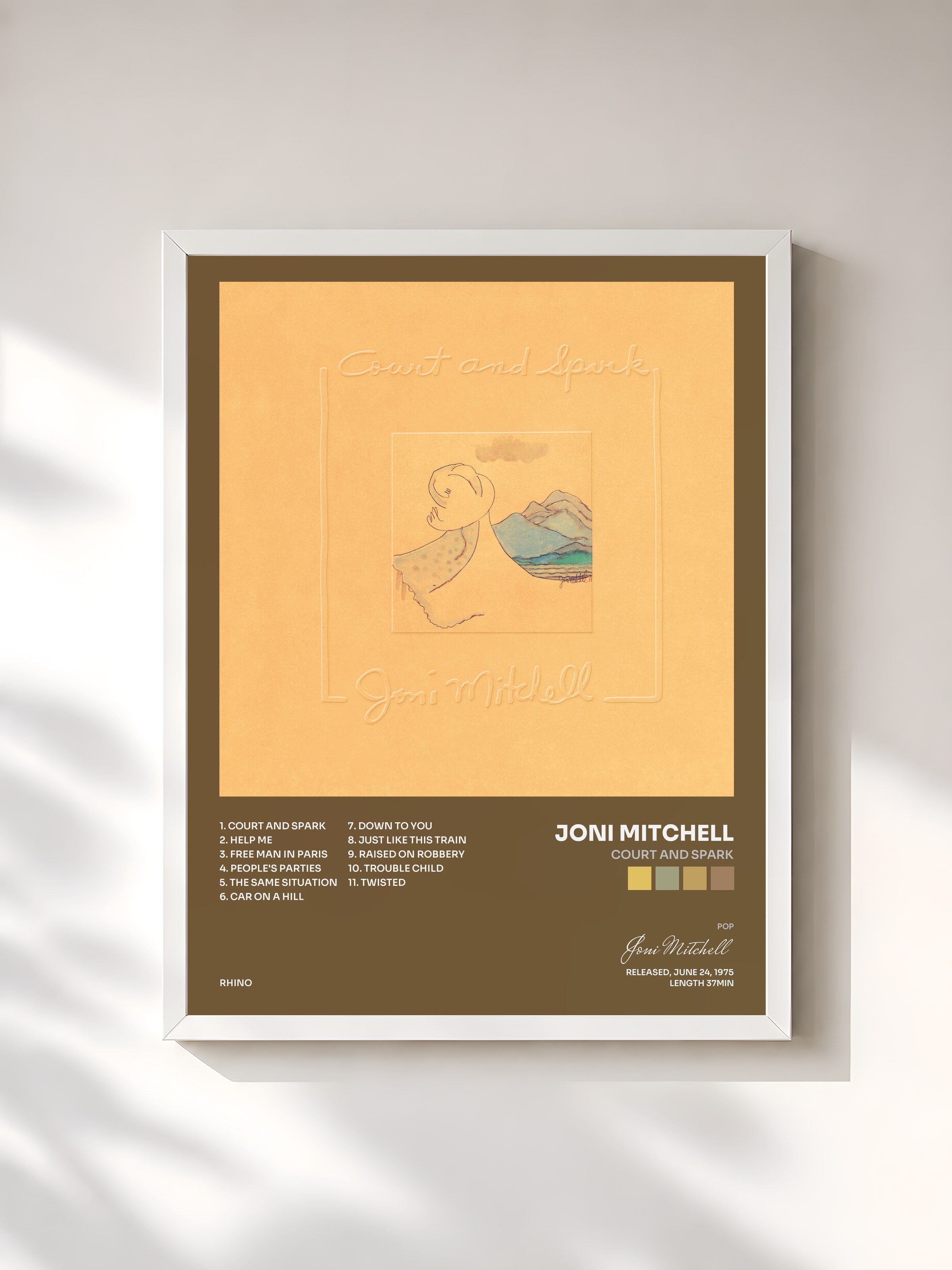 #blanc Tableau de l'album Court and Spark de Joni Mitchell, cadre blanc, imprimé et encadré en France