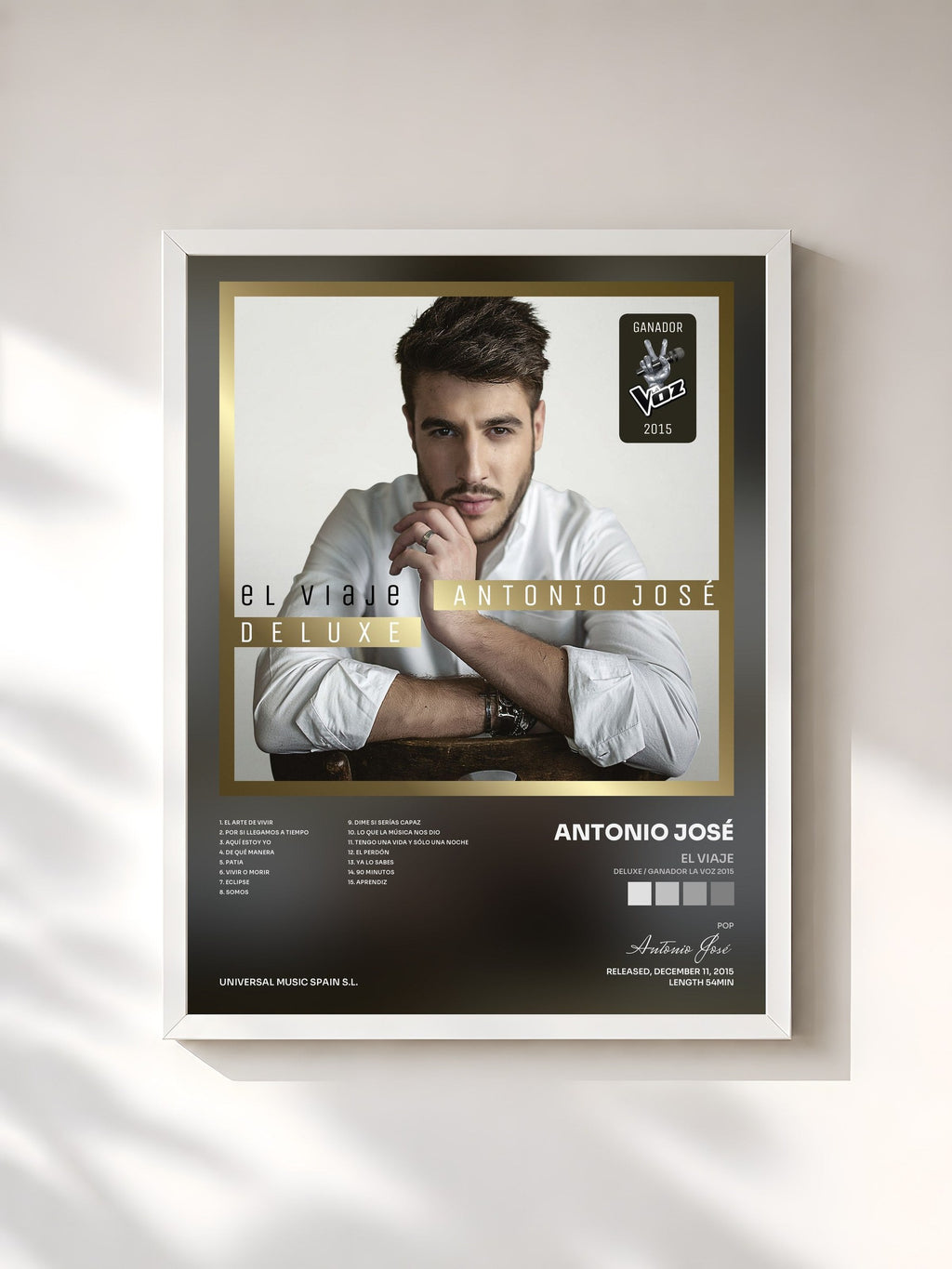 #blanc Tableau de l'album El Viaje (Deluxe / Ganador La Voz 2015) de Antonio José, cadre blanc, imprimé et encadré en France