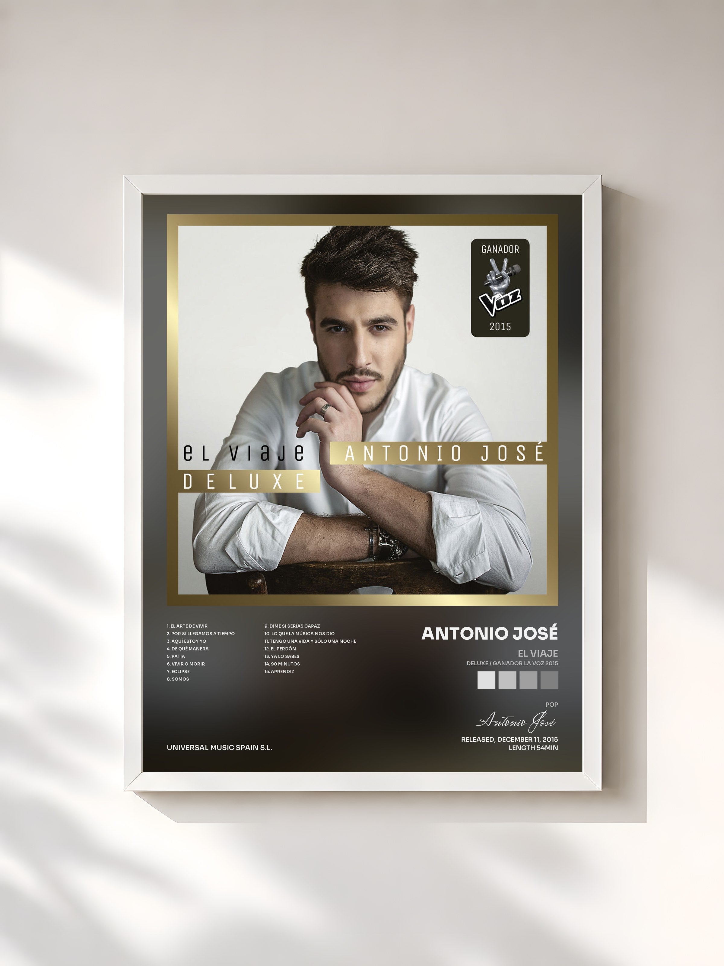 #blanc Tableau de l'album El Viaje (Deluxe / Ganador La Voz 2015) de Antonio José, cadre blanc, imprimé et encadré en France