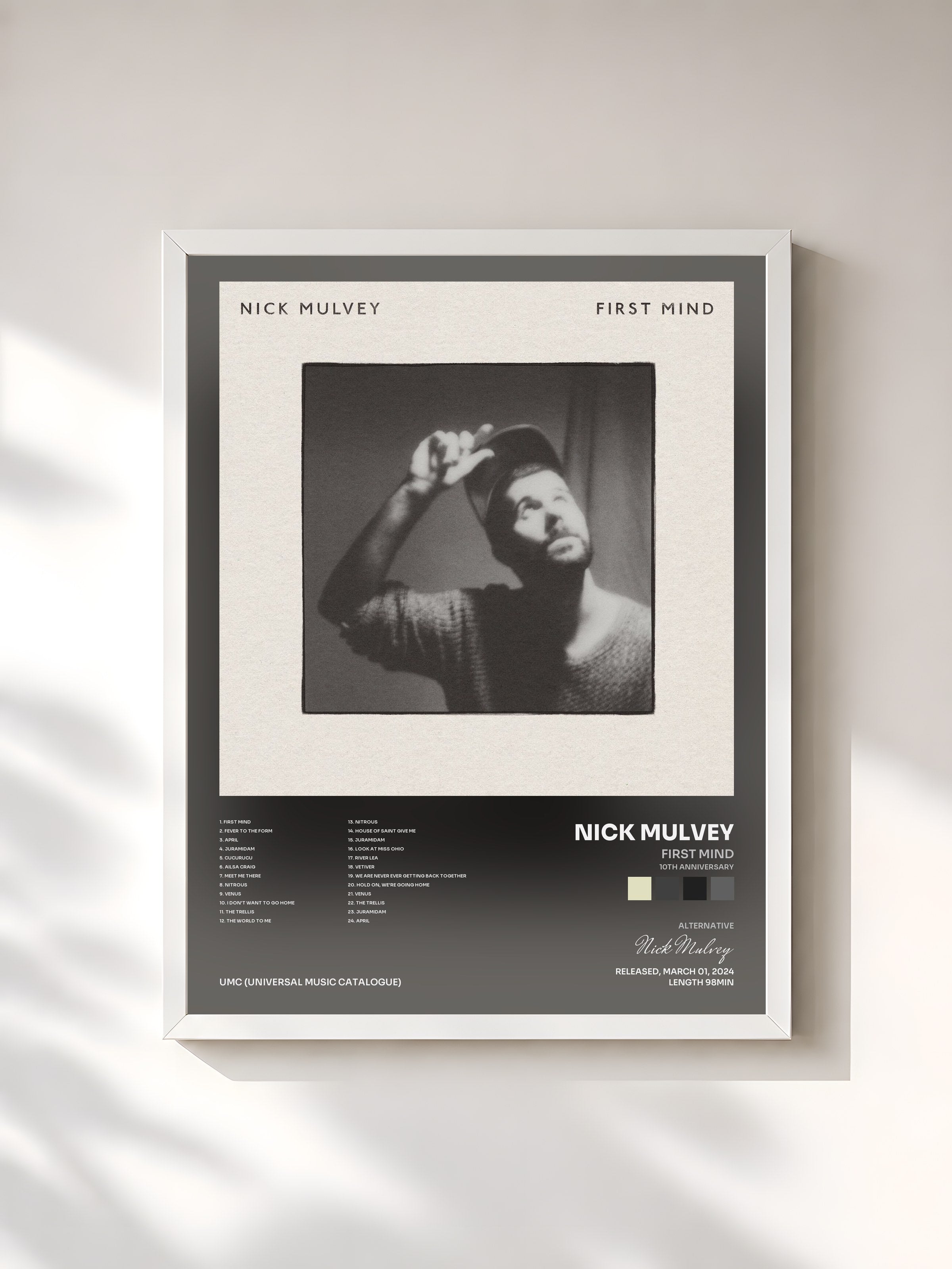 #blanc Tableau de l'album First Mind (10th Anniversary) de Nick Mulvey, cadre blanc, imprimé et encadré en France