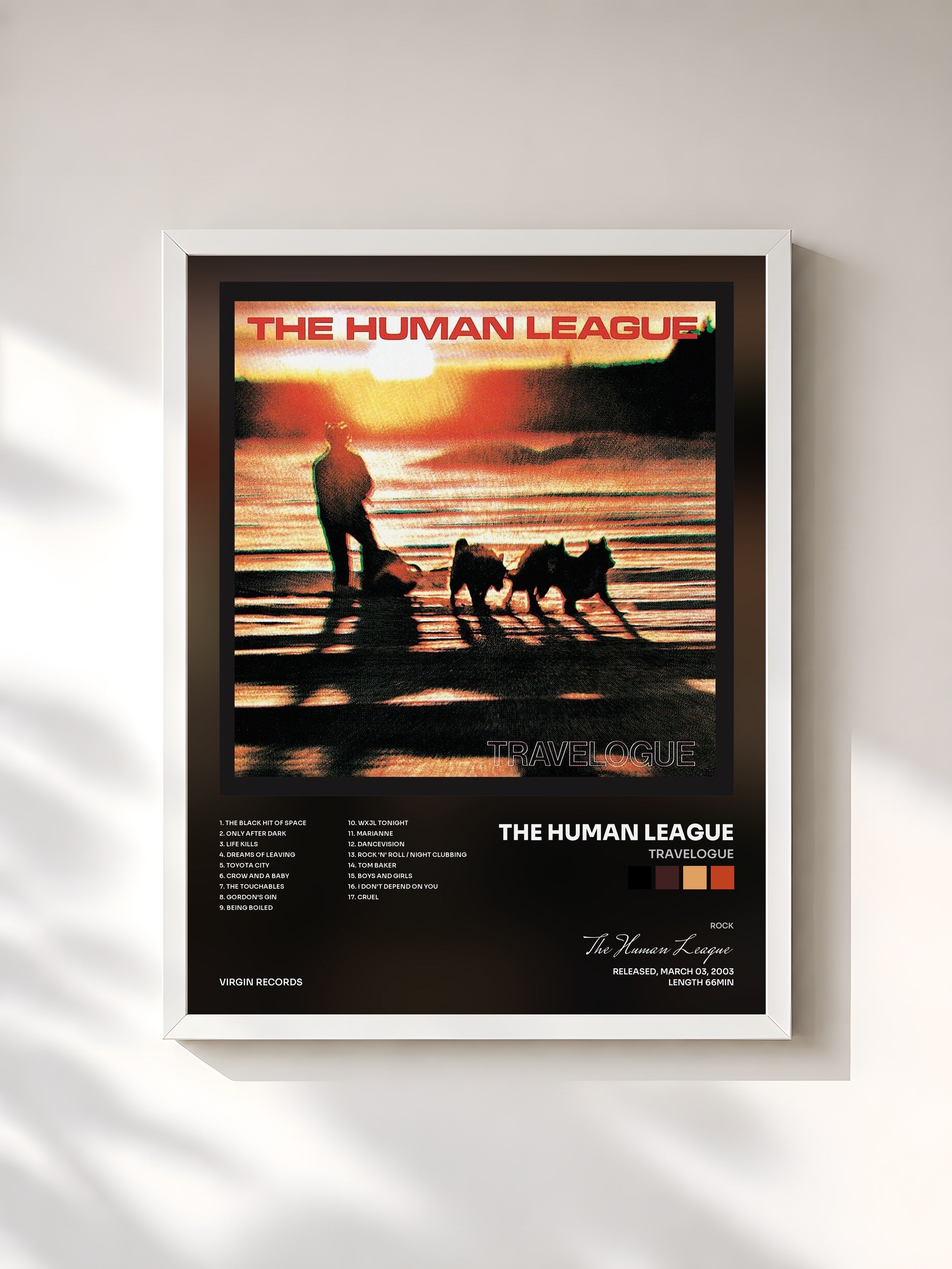 #blanc Tableau de l'album Travelogue de The Human League, cadre blanc, imprimé et encadré en France
