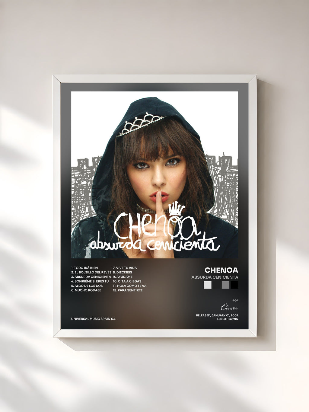 #blanc Tableau de l'album Absurda Cenicienta de Chenoa, cadre blanc, imprimé et encadré en France