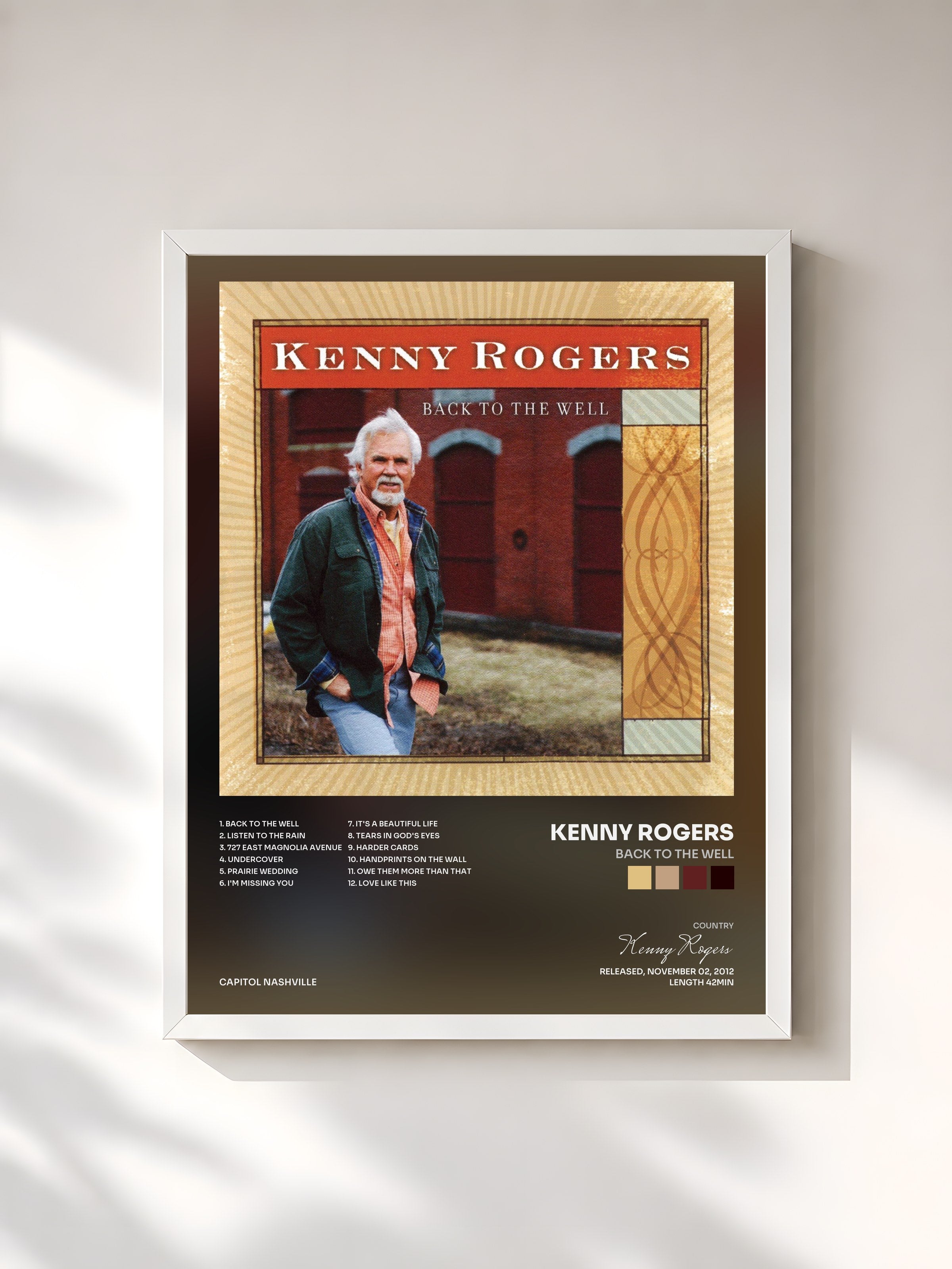 #blanc Tableau de l'album Back to the Well de Kenny Rogers, cadre blanc, imprimé et encadré en France