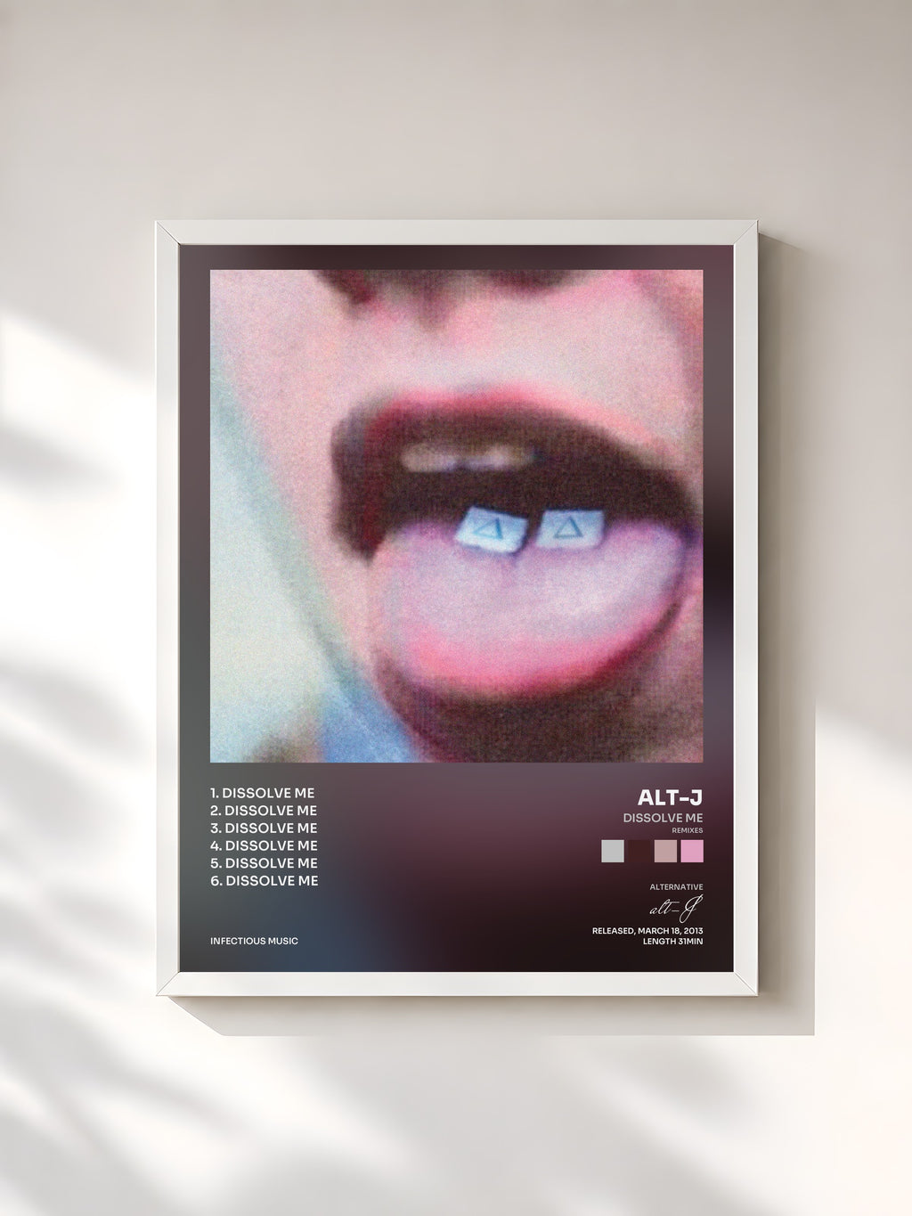 #blanc Tableau de l'album Dissolve Me (Remixes) de alt-J, cadre blanc, imprimé et encadré en France