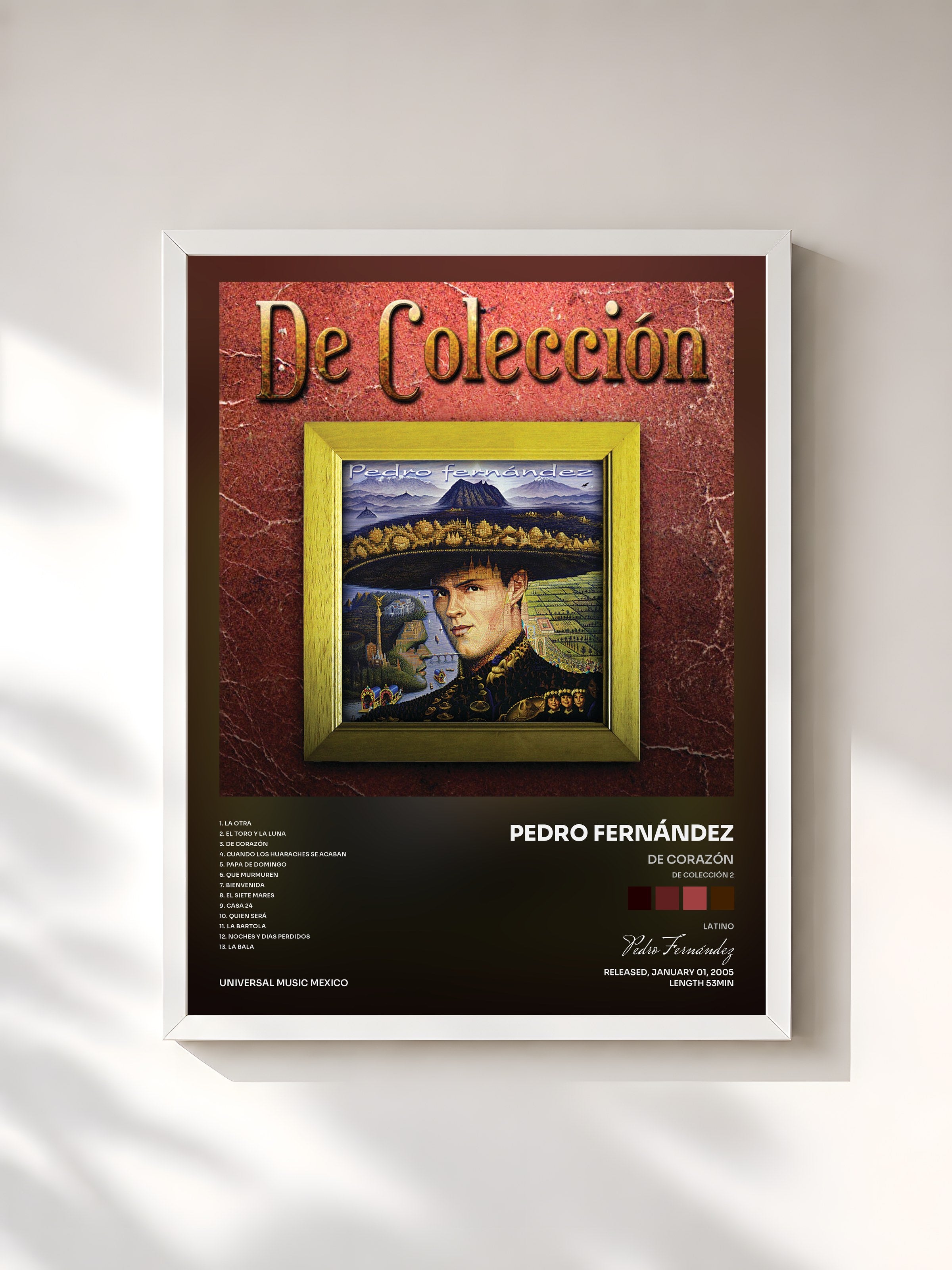 #blanc Tableau de l'album De Corazón (De Colección 2) de Pedro Fernández, cadre blanc, imprimé et encadré en France
