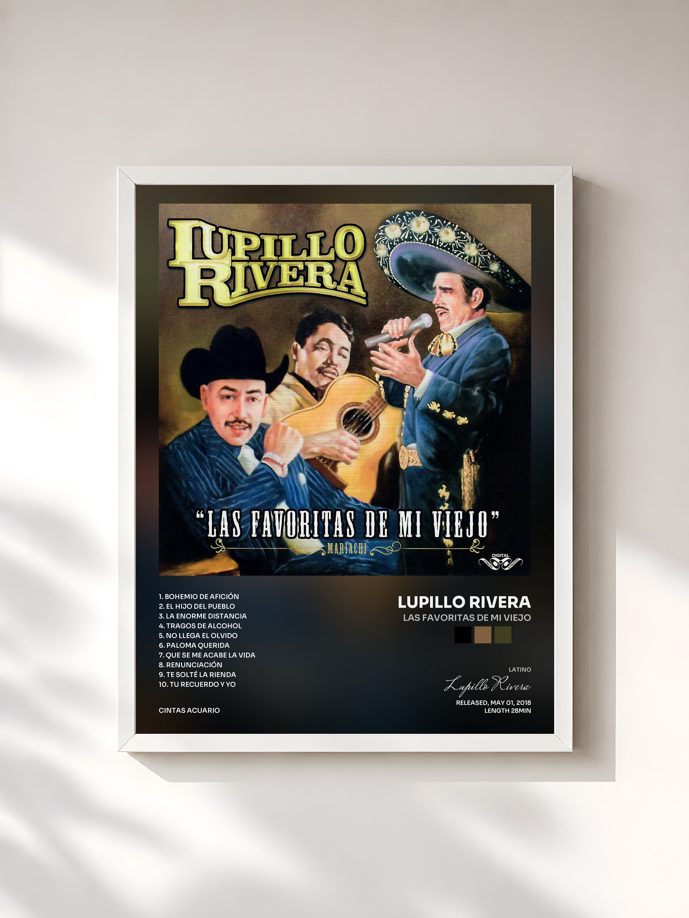 #blanc Tableau de l'album Las Favoritas de Mi Viejo de Lupillo Rivera, cadre blanc, imprimé et encadré en France