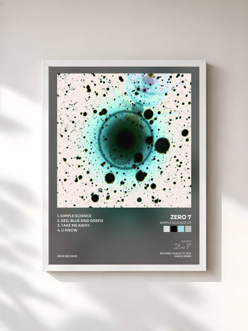 #blanc Tableau de l'album Simple Science EP de Zero 7, cadre blanc, imprimé et encadré en France