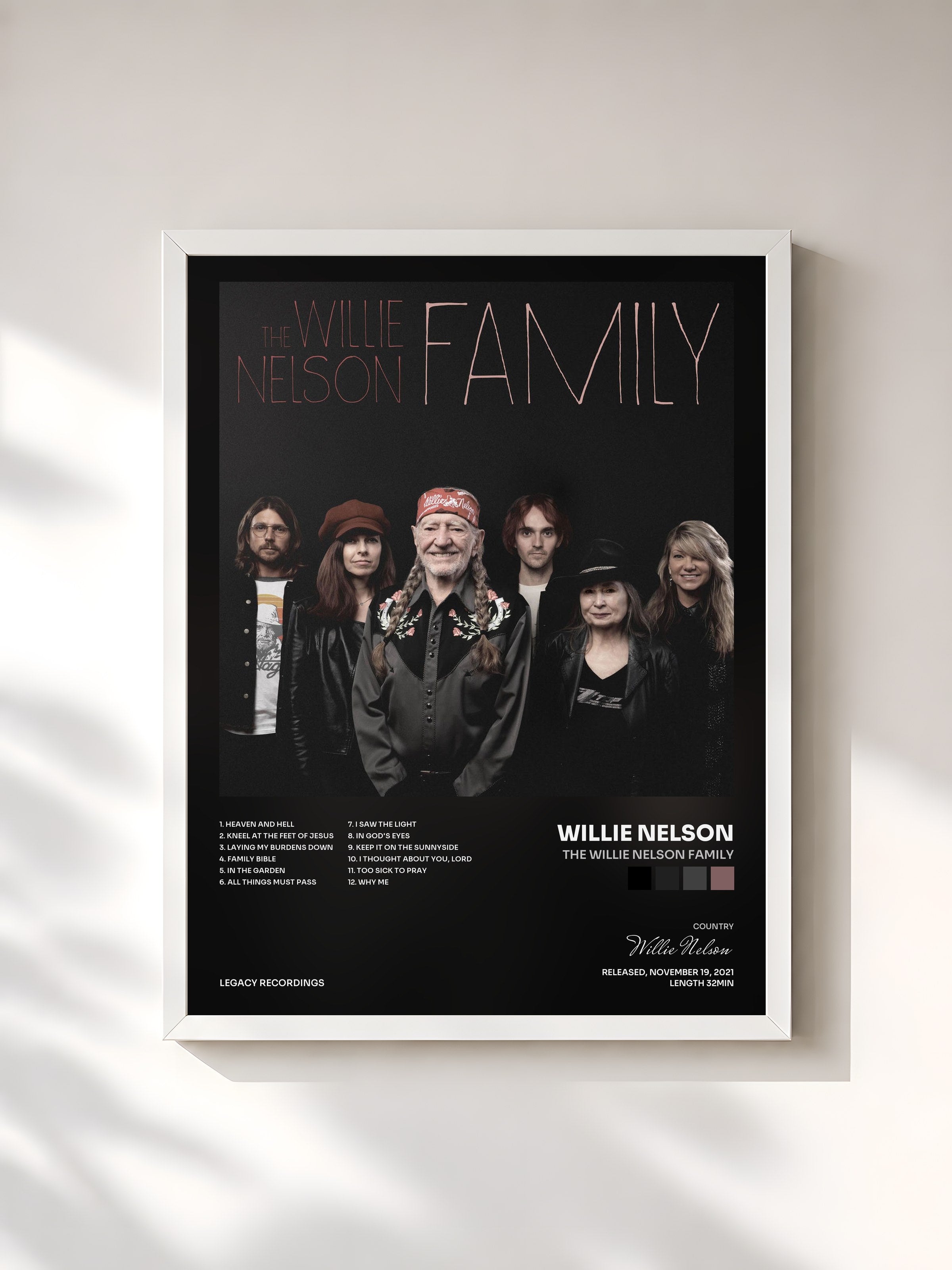 #blanc Tableau de l'album The Willie Nelson Family de Willie Nelson, cadre blanc, imprimé et encadré en France