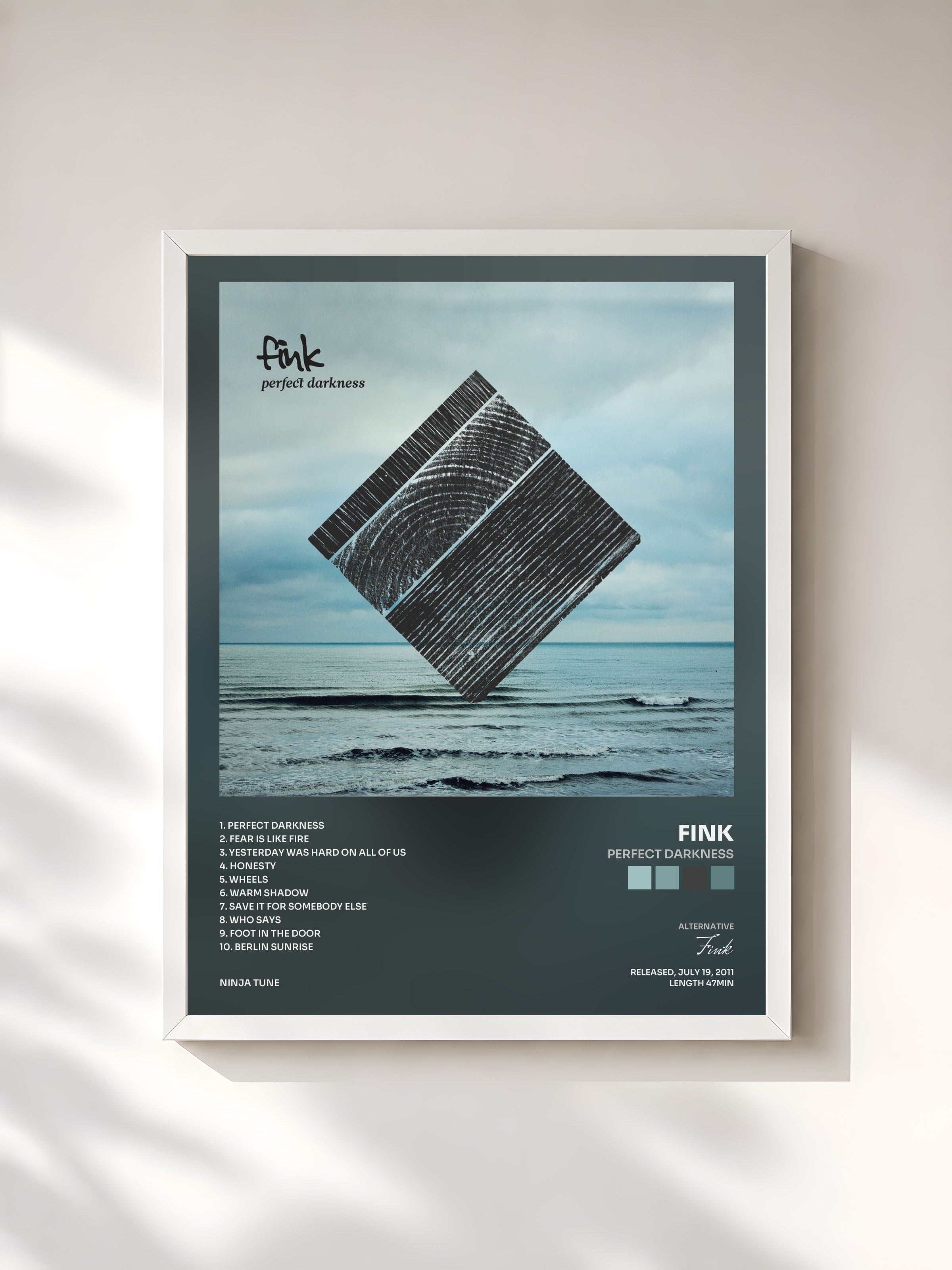 #blanc Tableau de l'album Perfect Darkness de Fink, cadre blanc, imprimé et encadré en France