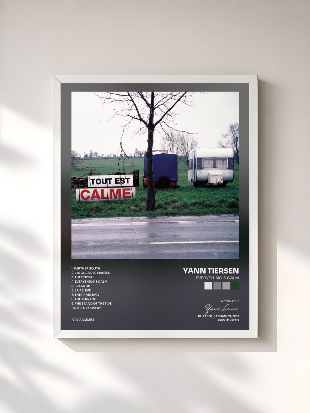 #blanc Tableau de l'album Everything's Calm de Yann Tiersen, cadre blanc, imprimé et encadré en France