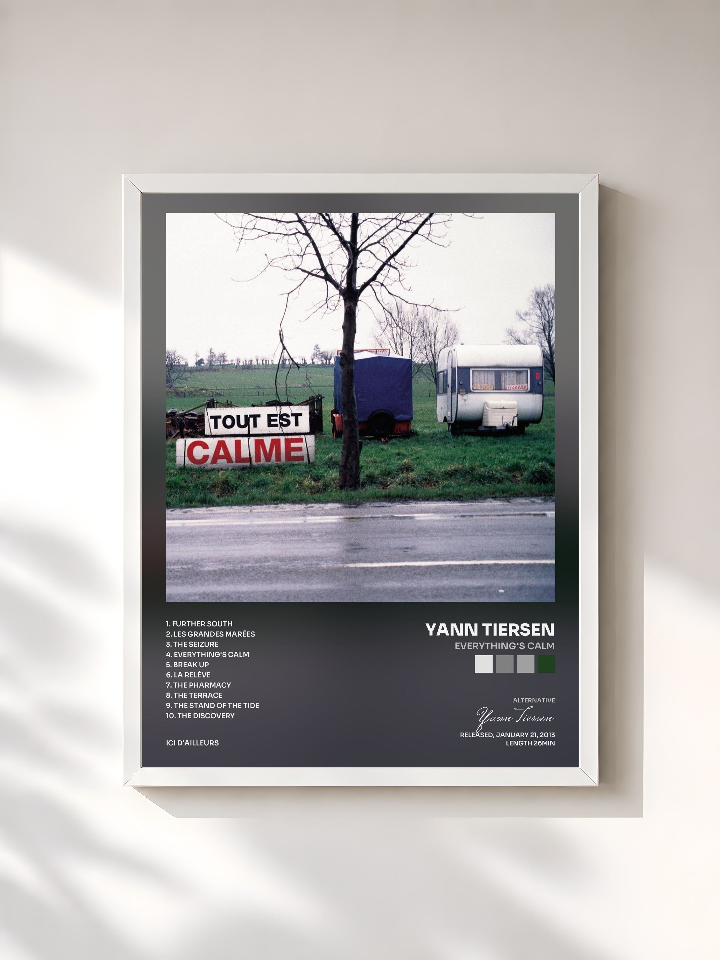 #blanc Tableau de l'album Everything's Calm de Yann Tiersen, cadre blanc, imprimé et encadré en France