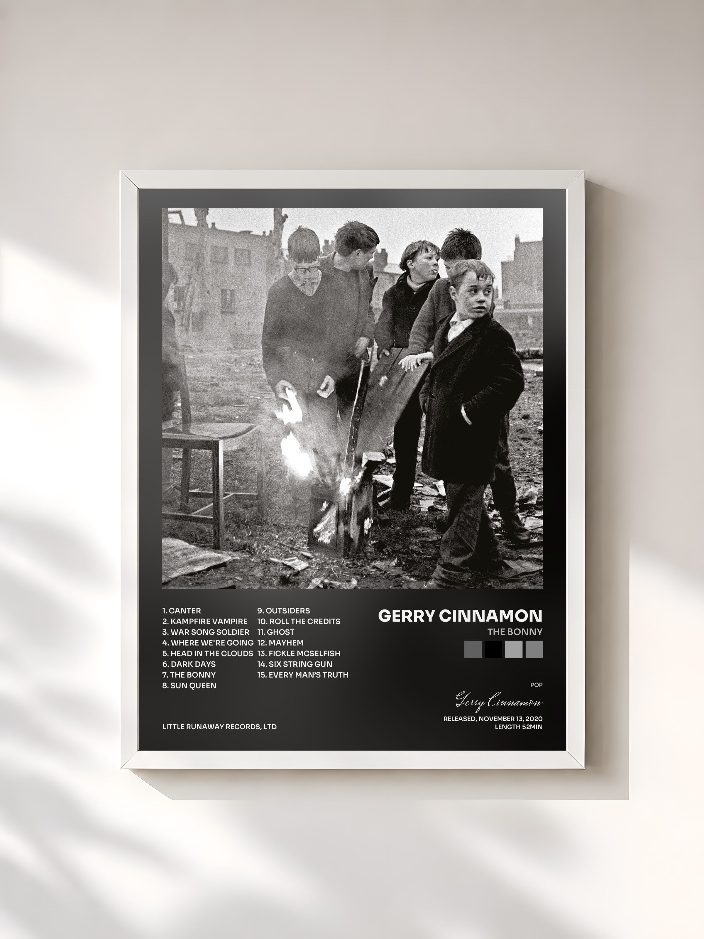 #blanc Tableau de l'album The Bonny de Gerry Cinnamon, cadre blanc, imprimé et encadré en France