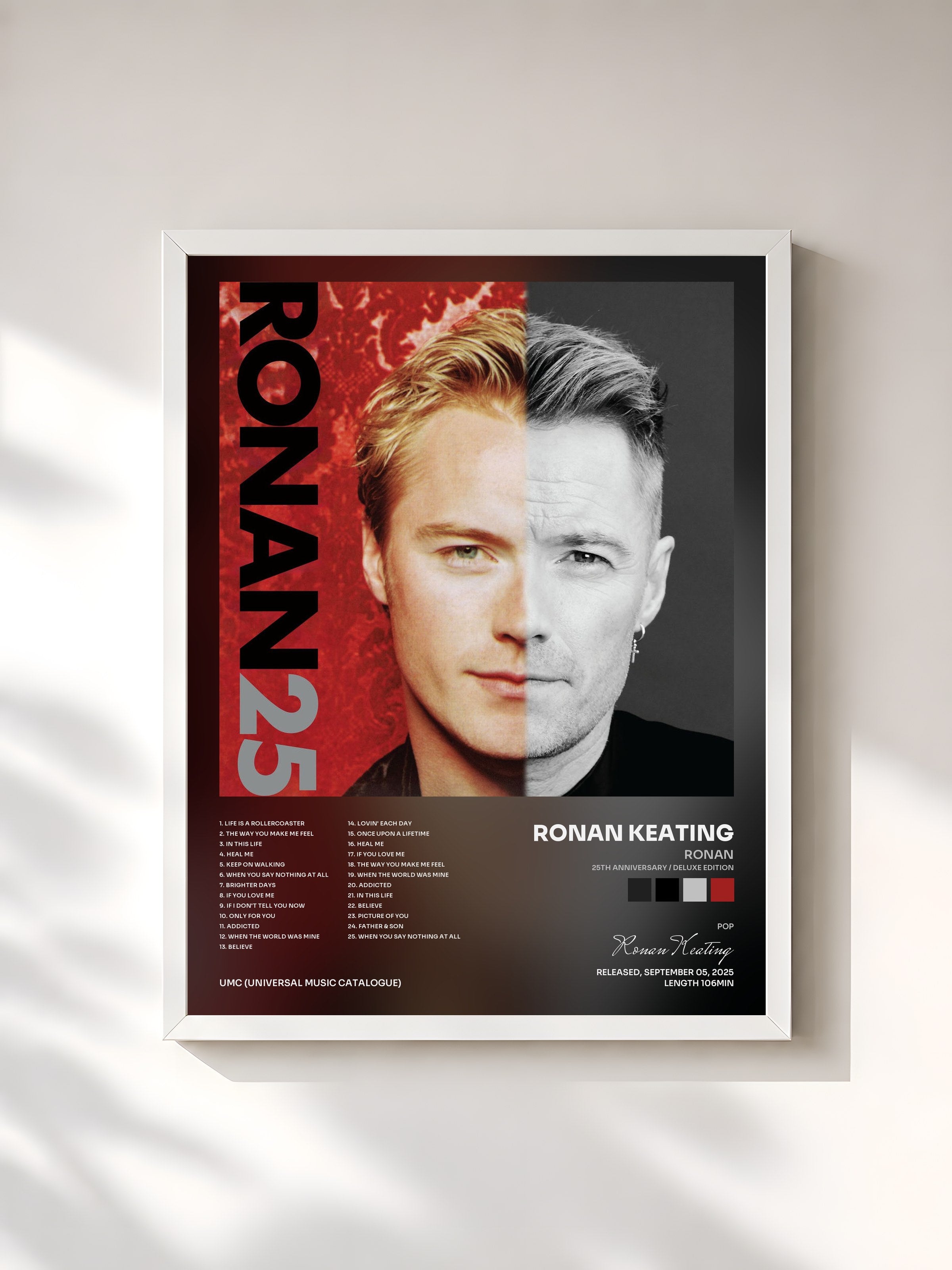 #blanc Tableau de l'album Ronan (25th Anniversary / Deluxe Edition) de Ronan Keating, cadre blanc, imprimé et encadré en France