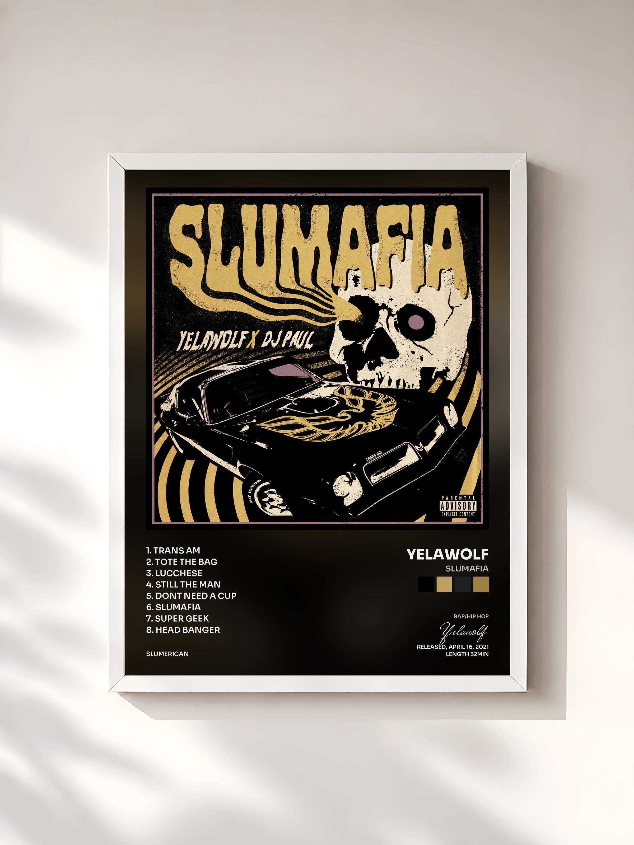 #blanc Tableau de l'album Slumafia de Yelawolf, cadre blanc, imprimé et encadré en France
