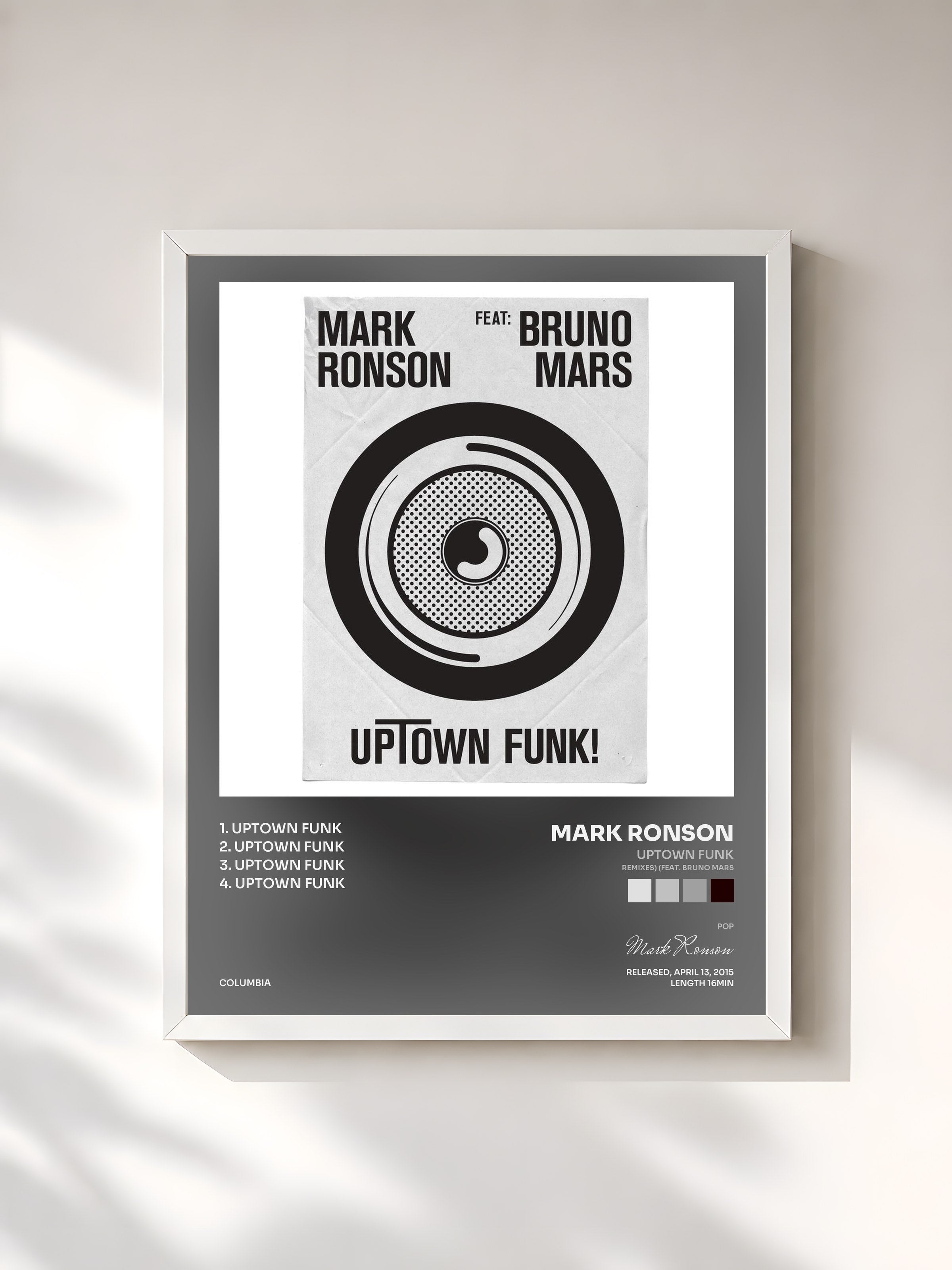 #blanc Tableau de l'album Uptown Funk (Remixes) (feat. Bruno Mars) de Mark Ronson, cadre blanc, imprimé et encadré en France