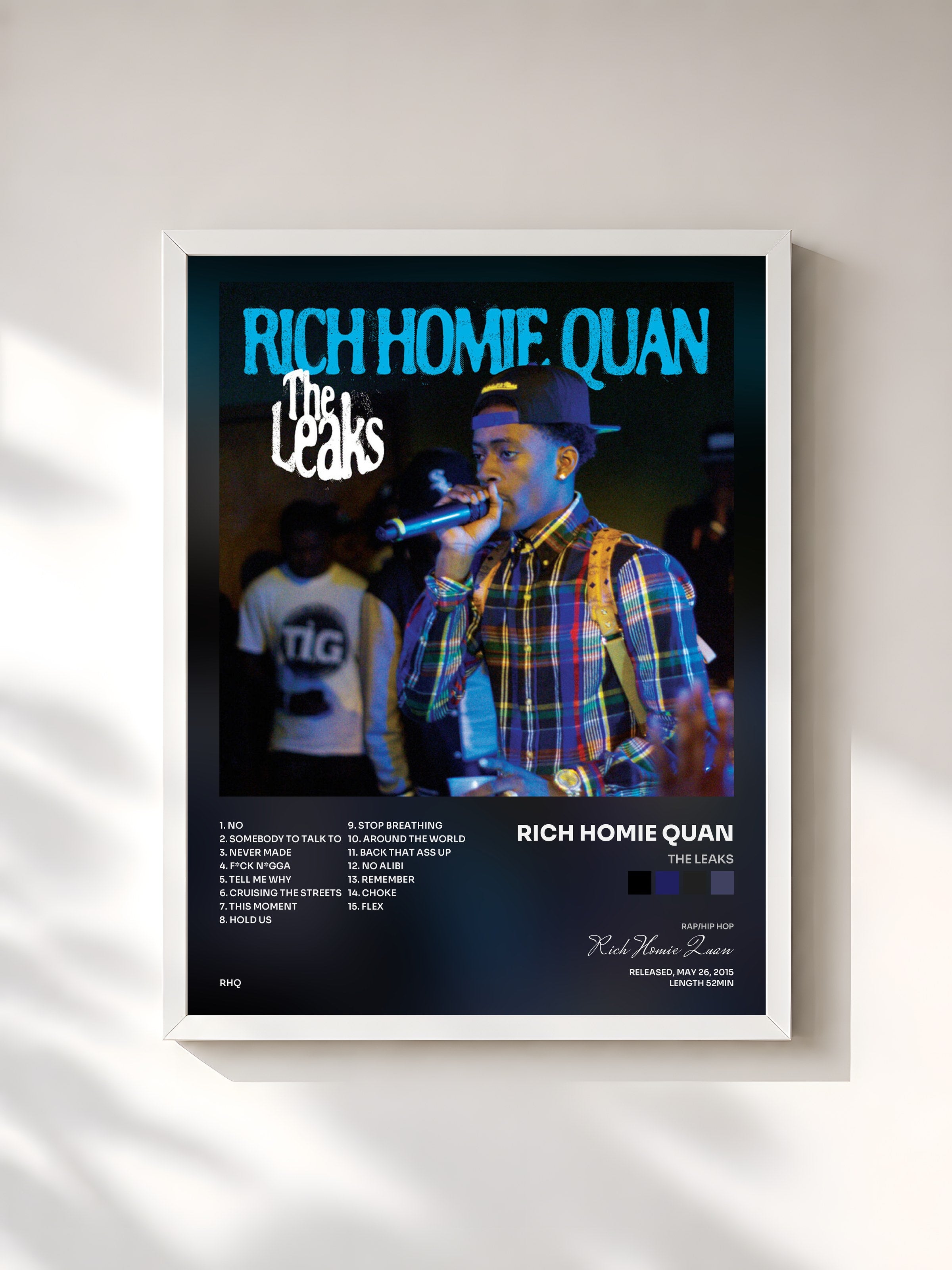 #blanc Tableau de l'album The Leaks de Rich Homie Quan, cadre blanc, imprimé et encadré en France