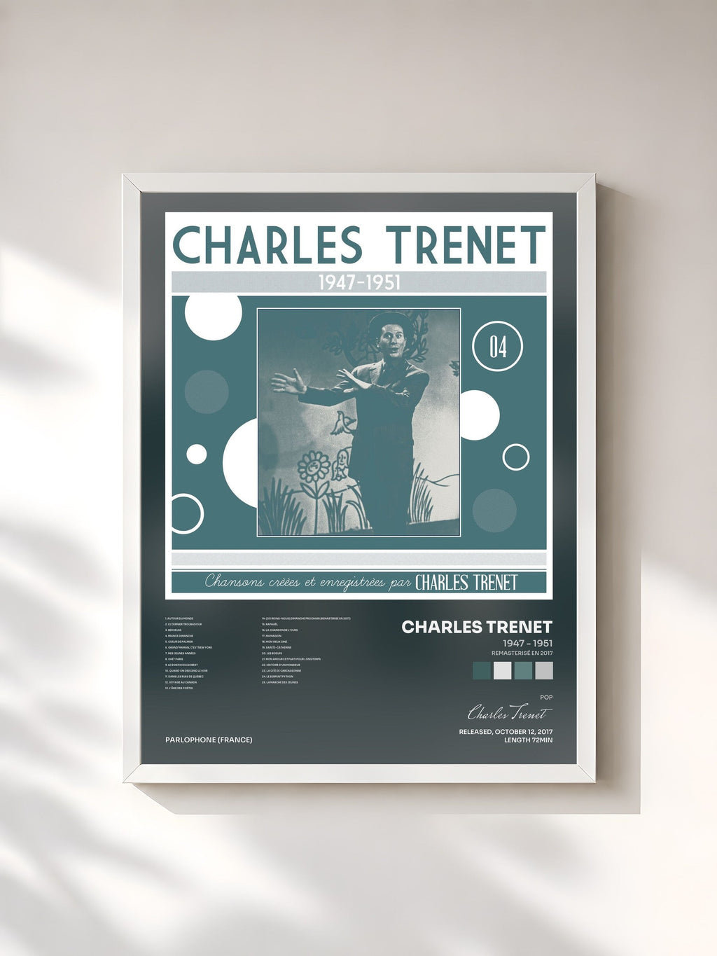 #blanc 1947 - 1951 (Remasterisé en 2017) de Charles Trenet en lámina enmarcada, marco blanco, impresa y enmarcada en Francia