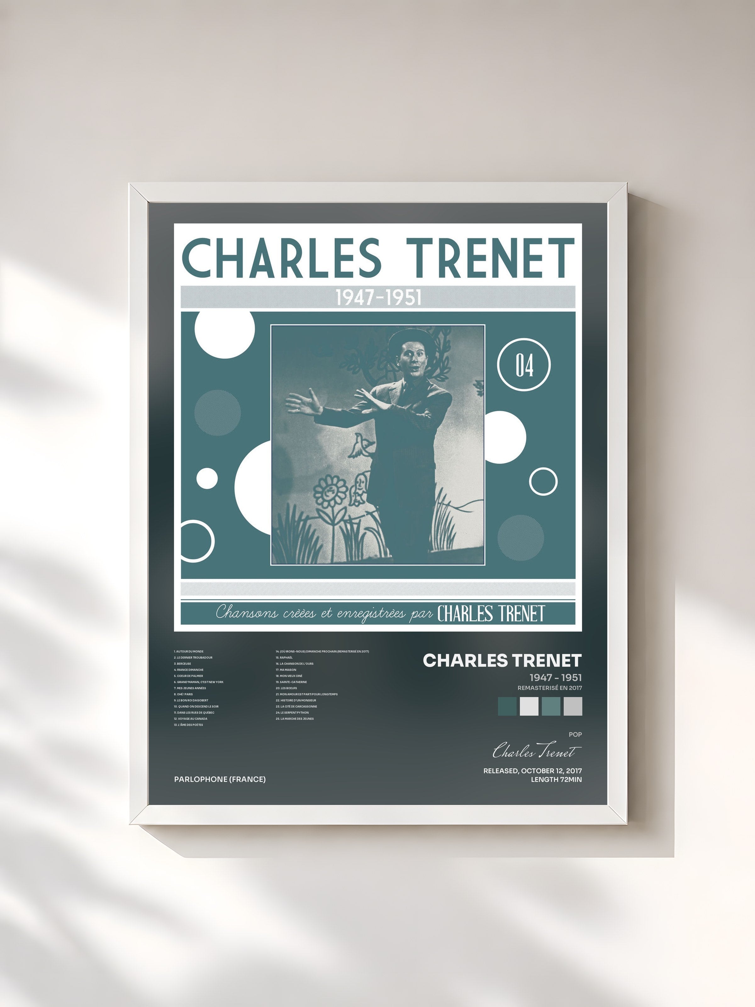 #blanc Tableau de l'album 1947 - 1951 (Remasterisé en 2017) de Charles Trenet, cadre blanc, imprimé et encadré en France